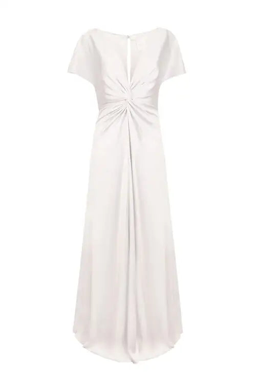 The Camilla Dress in Ivory Satin by TH & TH is a size-inclusive bridesmaid gown featuring short sleeves, a twist-knot bodice, keyhole neckline, and flowing skirt for an elegant look.