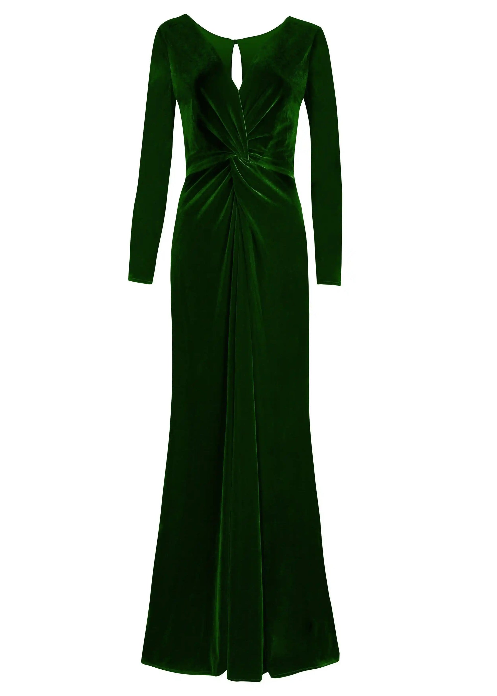 The Camilla Velvet Long Sleeve Bridesmaid Dress in Forest Green by TH&TH features a floor-length A-line silhouette, gathered twist waist, long sleeves, and a front keyhole opening.
