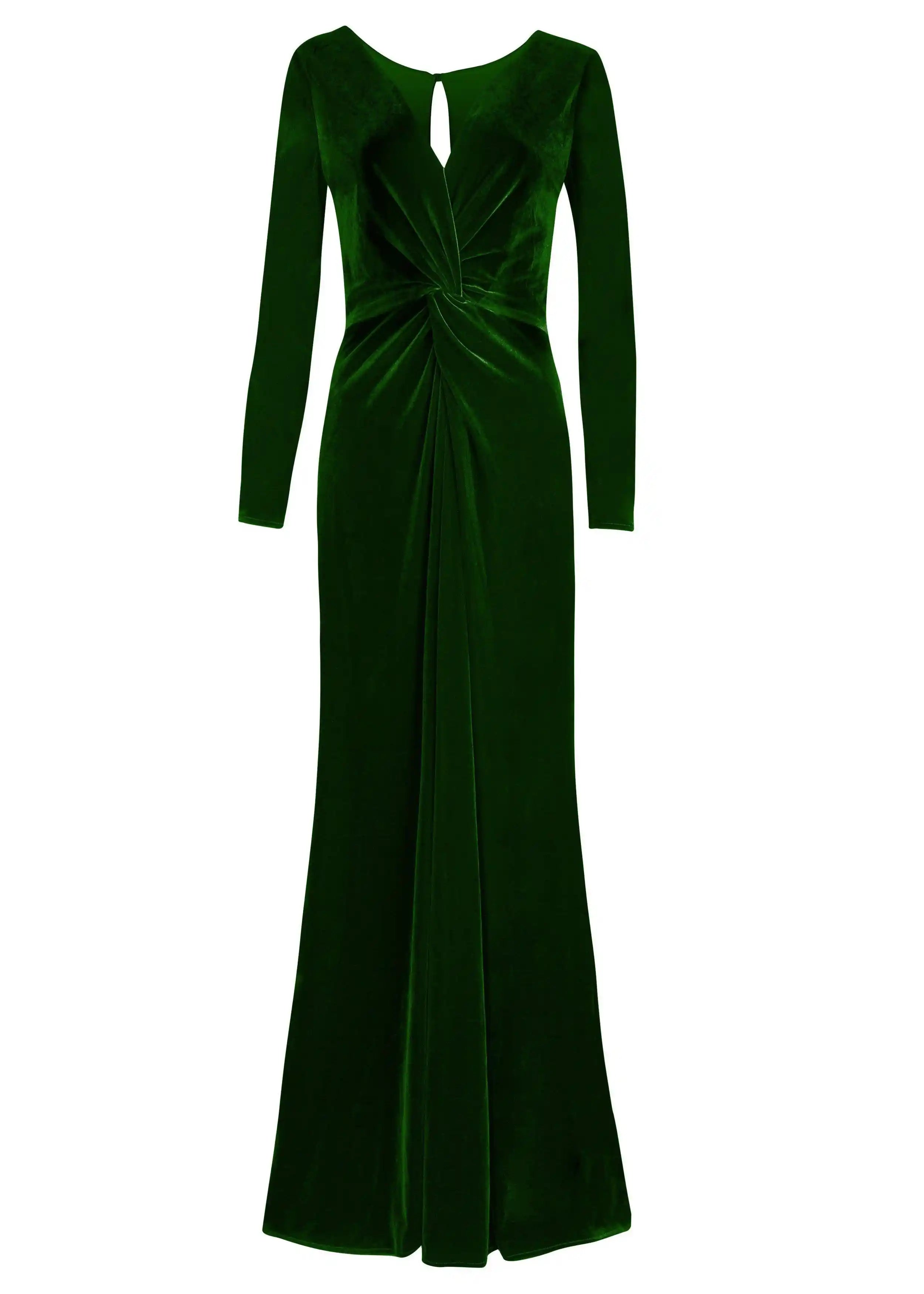 The Camilla Velvet Long Sleeve Bridesmaid Dress in Forest Green by TH&TH features a floor-length A-line silhouette, gathered twist waist, long sleeves, and a front keyhole opening.
