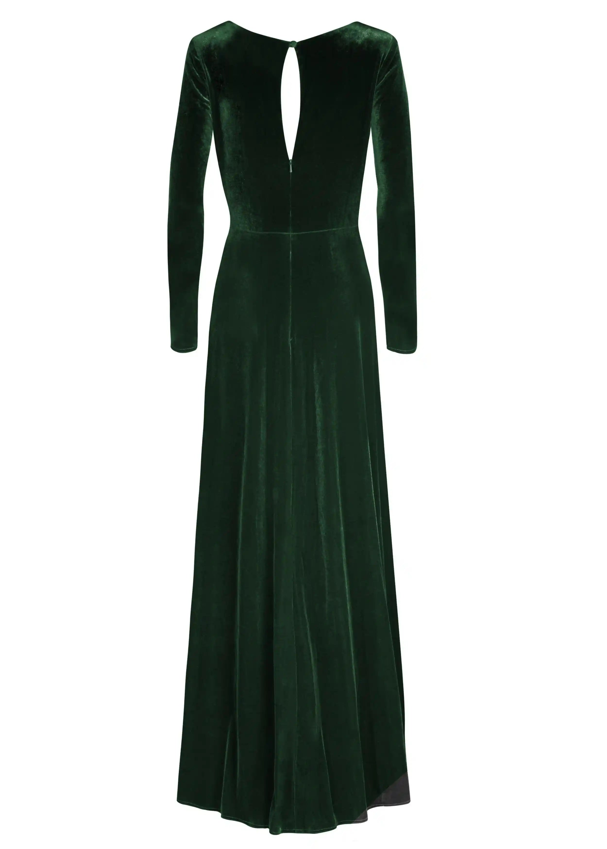 The TH&TH Camilla Velvet Long Sleeve Bridesmaid Dress in Forest Green features a fitted waist, keyhole back, and floor-length A-line silhouette, shown on a plain white background.
