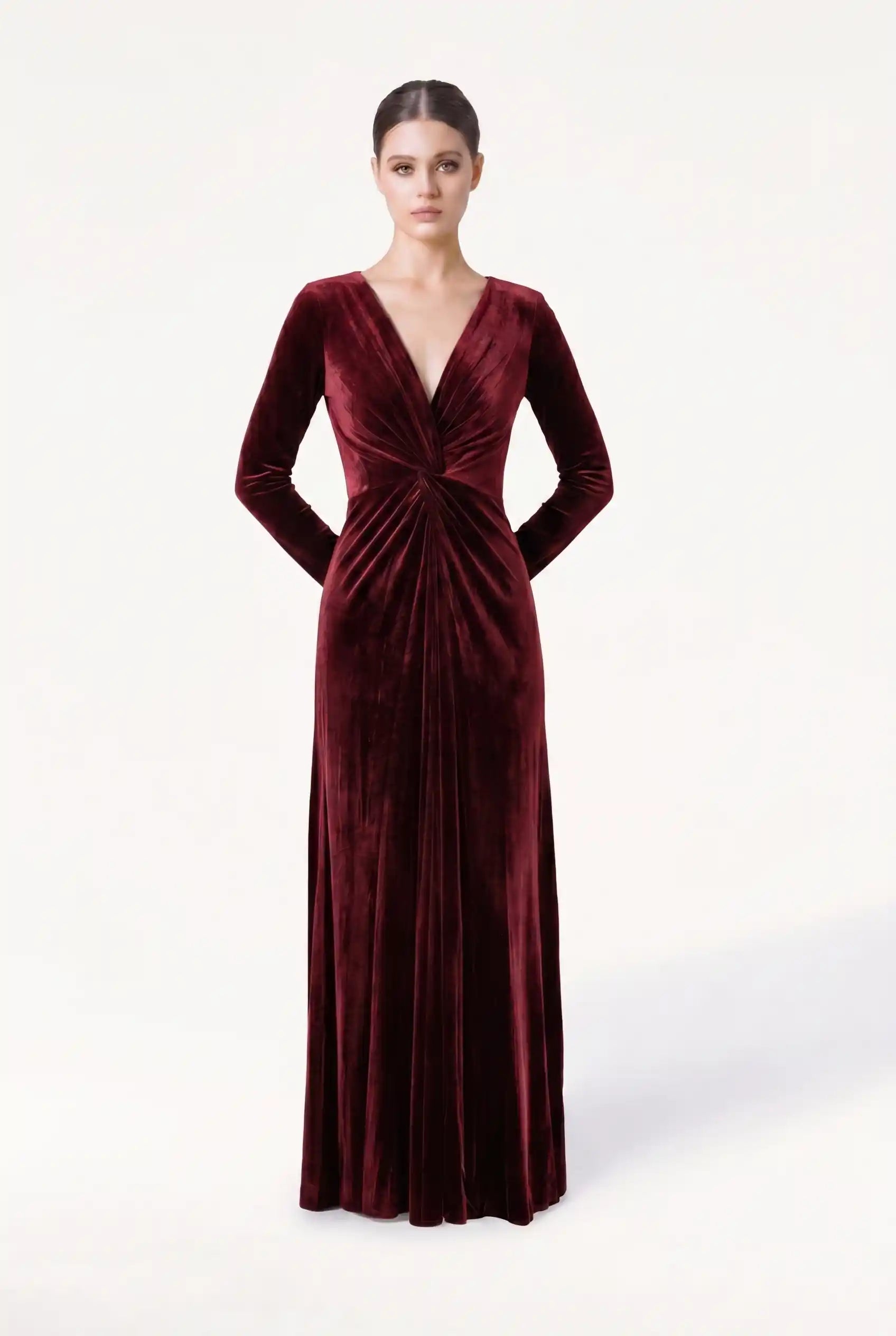 TH&TH Camilla Long Sleeve Velvet Bridesmaid Dress In Merlot