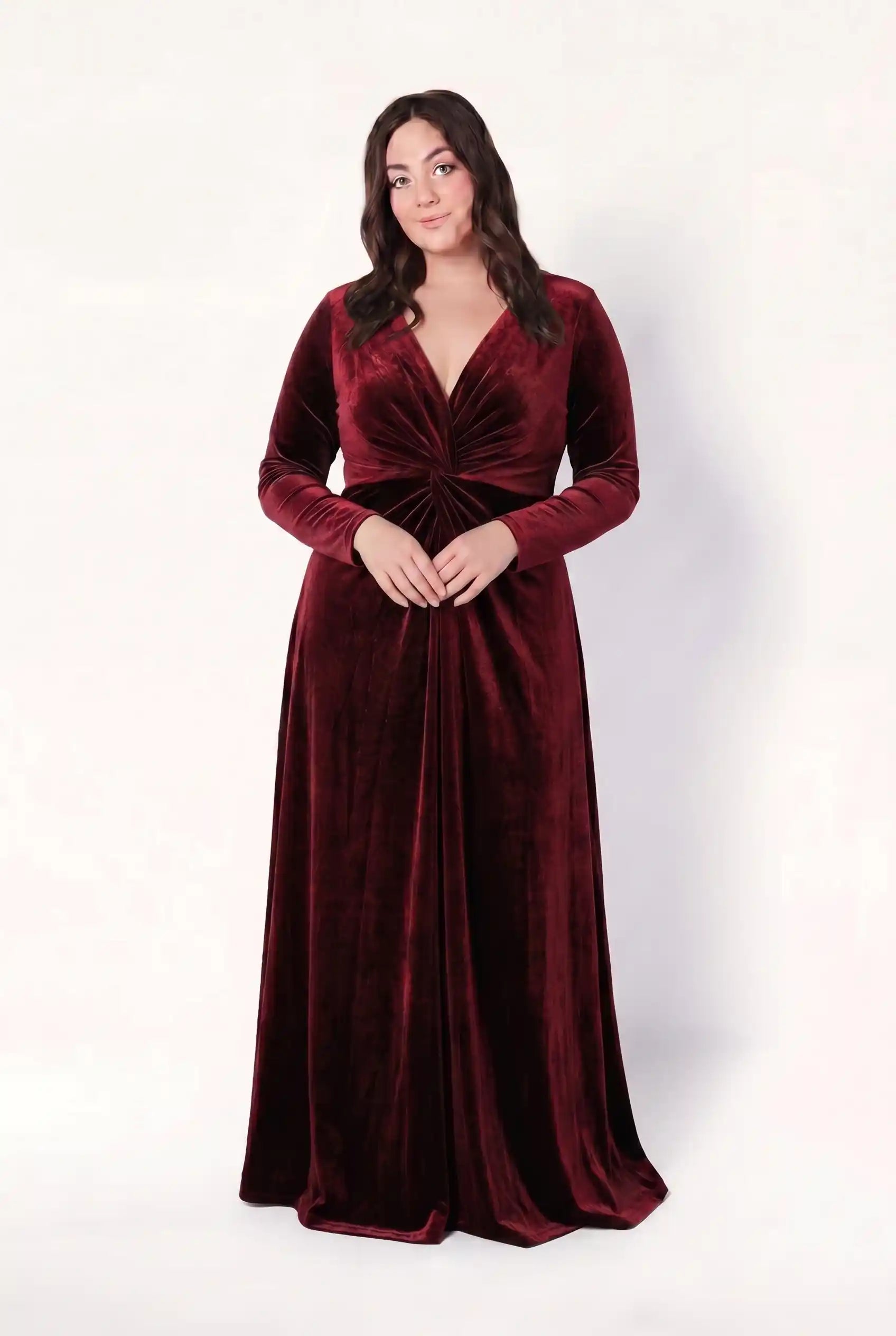 TH&TH Camilla Long Sleeve Velvet Bridesmaid Dress In Merlot