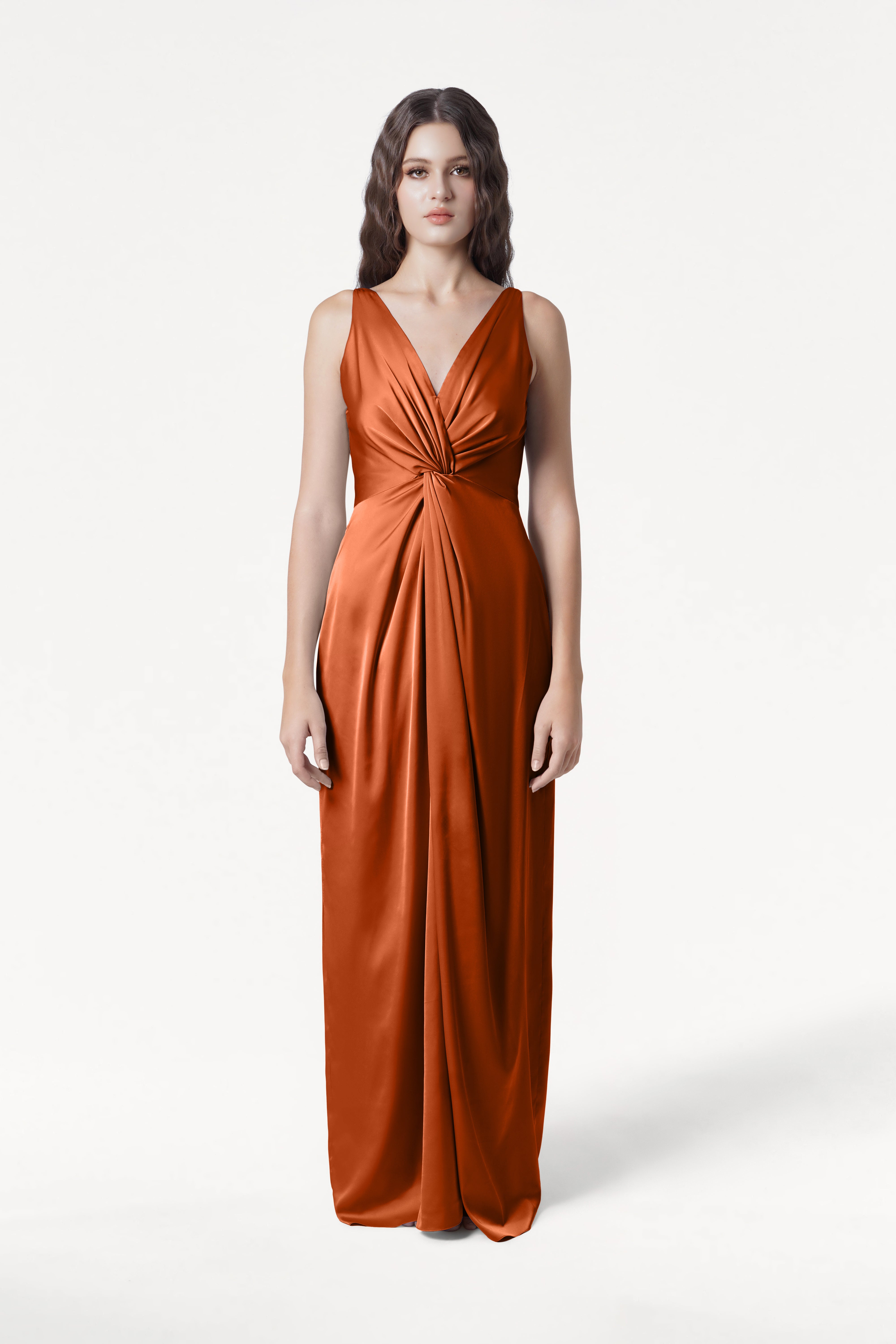 Carmen Bridesmaid Dress in Terracotta Satin | TH&TH Carmen Bridesmaid Dress in Terracotta Satin | TH&TH