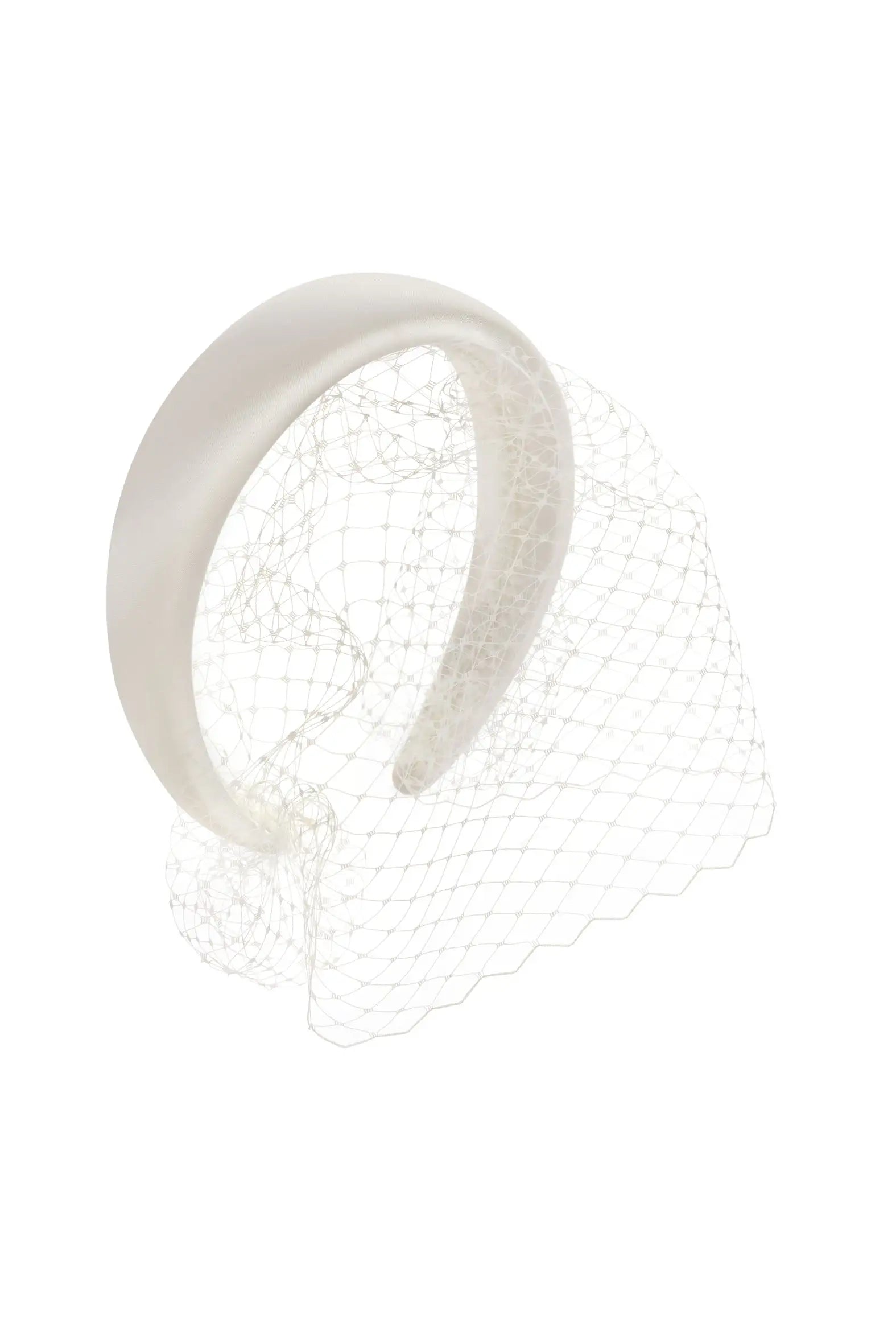 The TH&TH Cavendish Headband with Birdcage is a white satin bridal accessory featuring a delicate attached veil, perfect for formal or bridal occasions, shown against a plain white background.