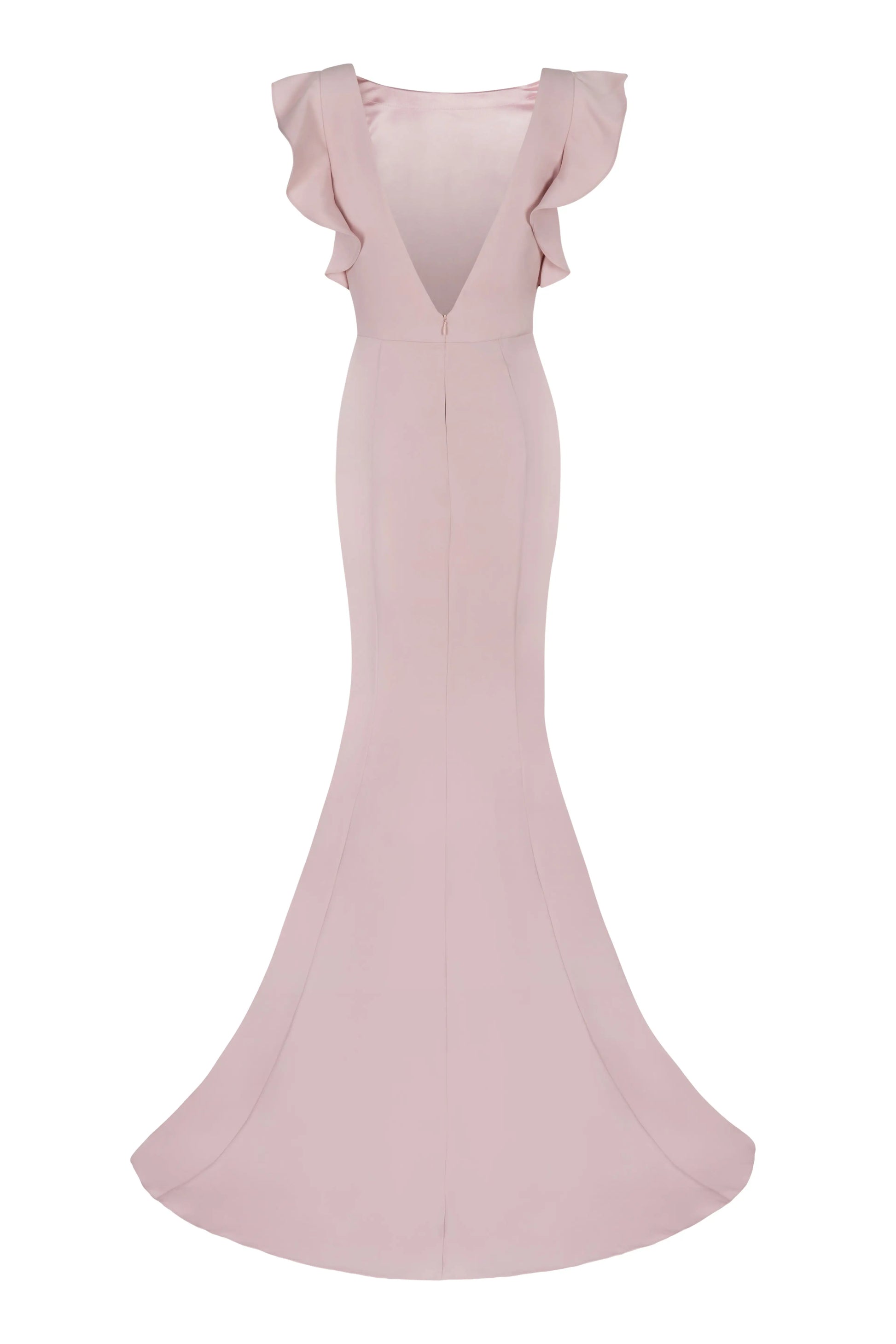 The Cecelia Moss Crepe Bridesmaid Dress in Smoked Blush by TH&TH is a size-inclusive, floor-length gown with a deep V-back, ruffled shoulders, and a flared mermaid skirt, shown on a white background.