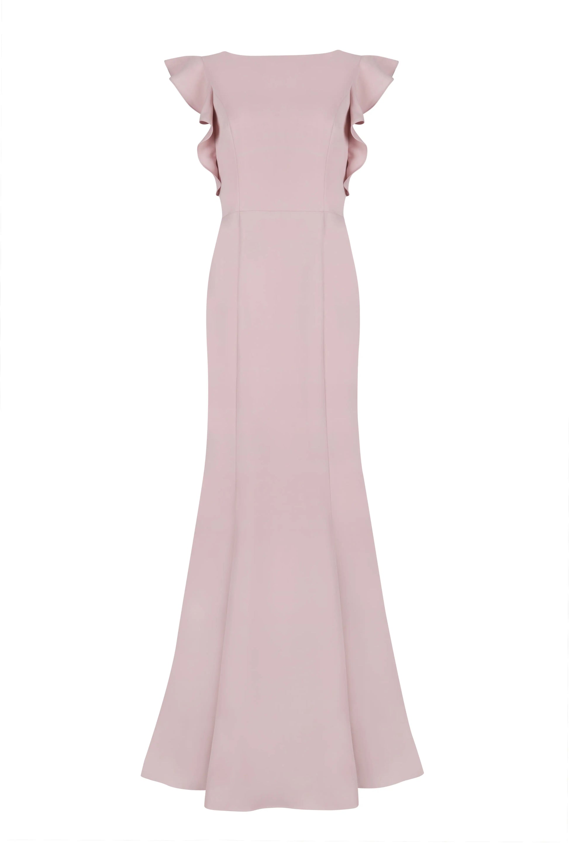 The Cecelia Moss Crepe Bridesmaid Dress in Smoked Blush by TH&TH features a fitted bodice, flared skirt, and short ruffled sleeves—a simple yet elegant choice for formal occasions.