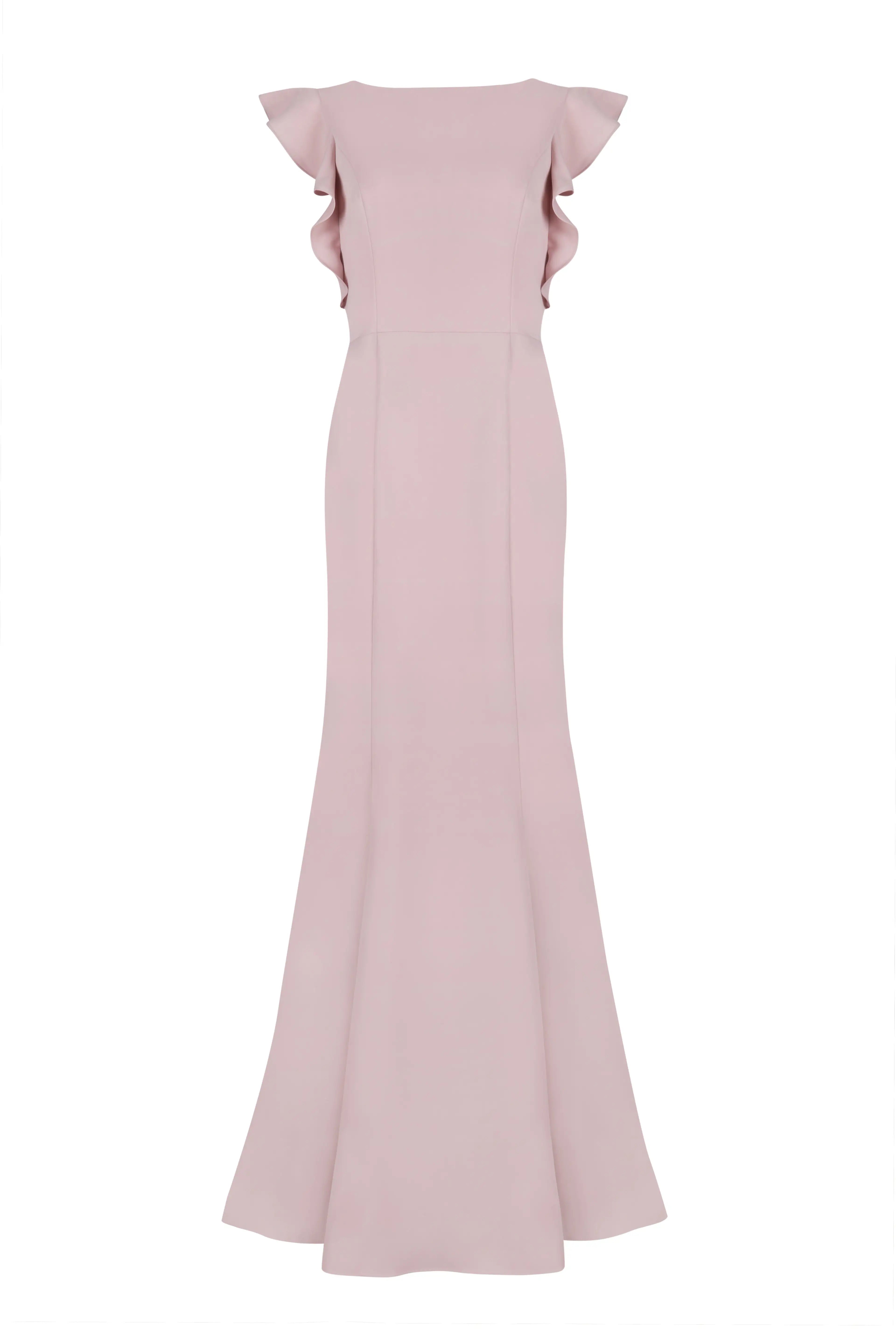 The Cecelia Moss Crepe Bridesmaid Dress in Smoked Blush by TH&TH features a fitted bodice, flared skirt, and short ruffled sleeves—a simple yet elegant choice for formal occasions.