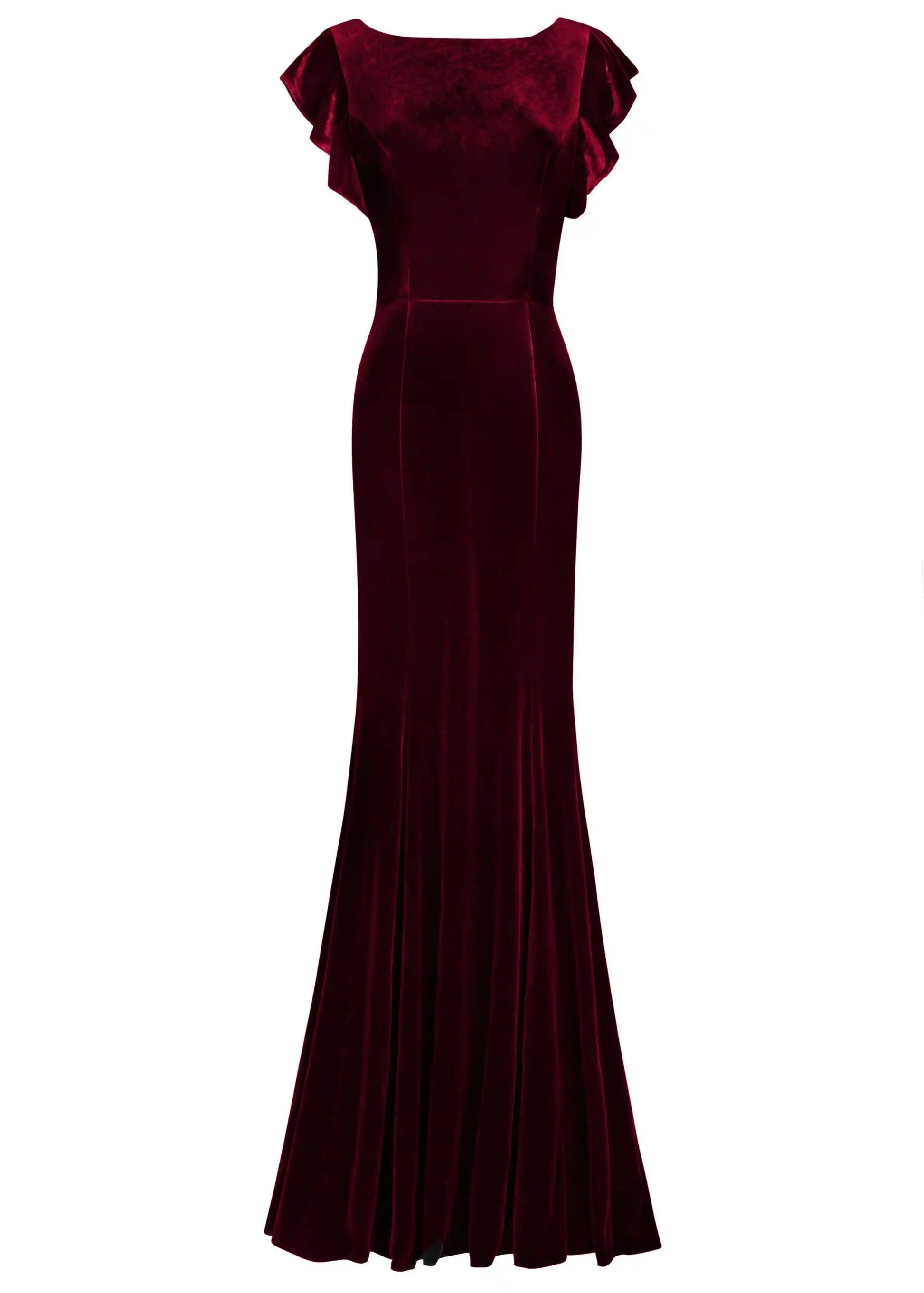 Bergundy velvet gown with flutter sleeves on a white background by TH&TH bridesmaids.
