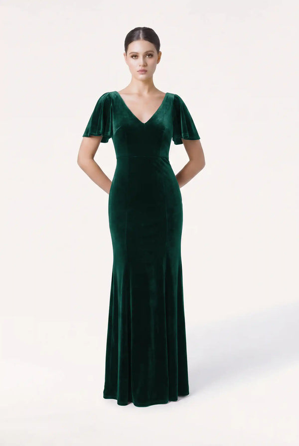 velvet bridesmaid dresses uk A-Line Ruffles Sleeves V-Neck Long Velvet Bridesmaid Dresses With Spli