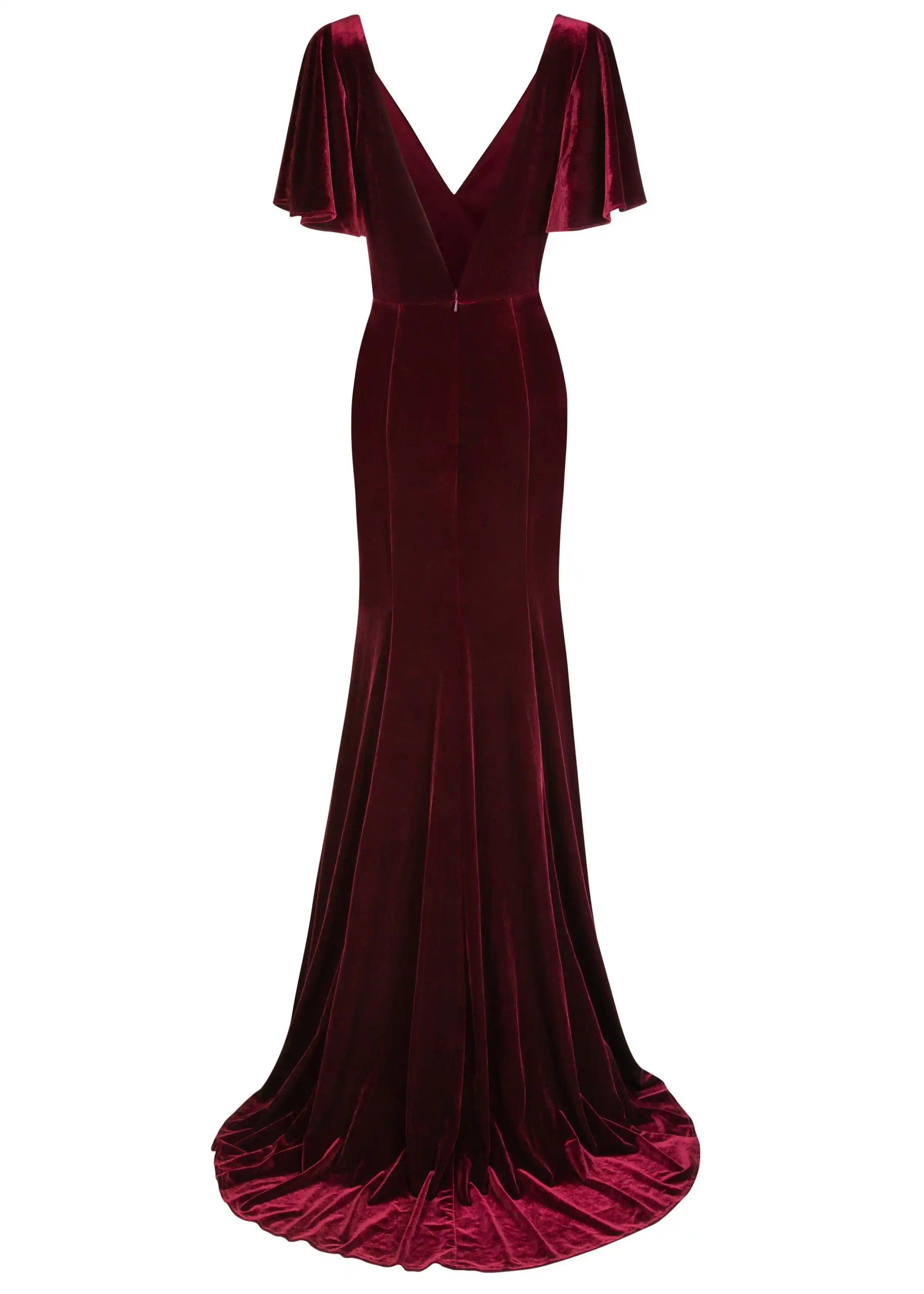 Bergundy velvet gown with long sleeves on a white background by TH&TH bridesmaids.
