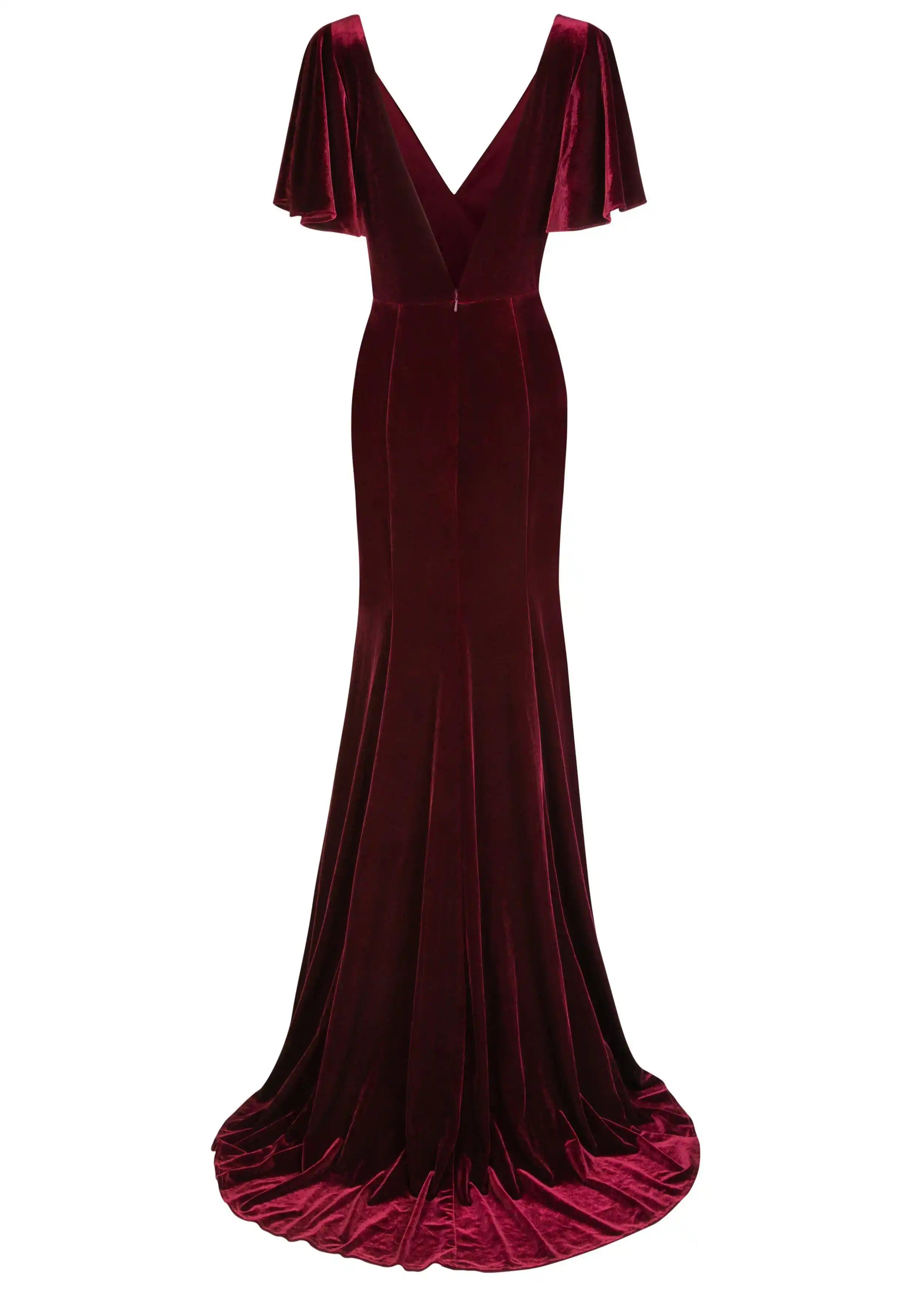 Bergundy velvet gown with long sleeves on a white background by TH&TH bridesmaids.
