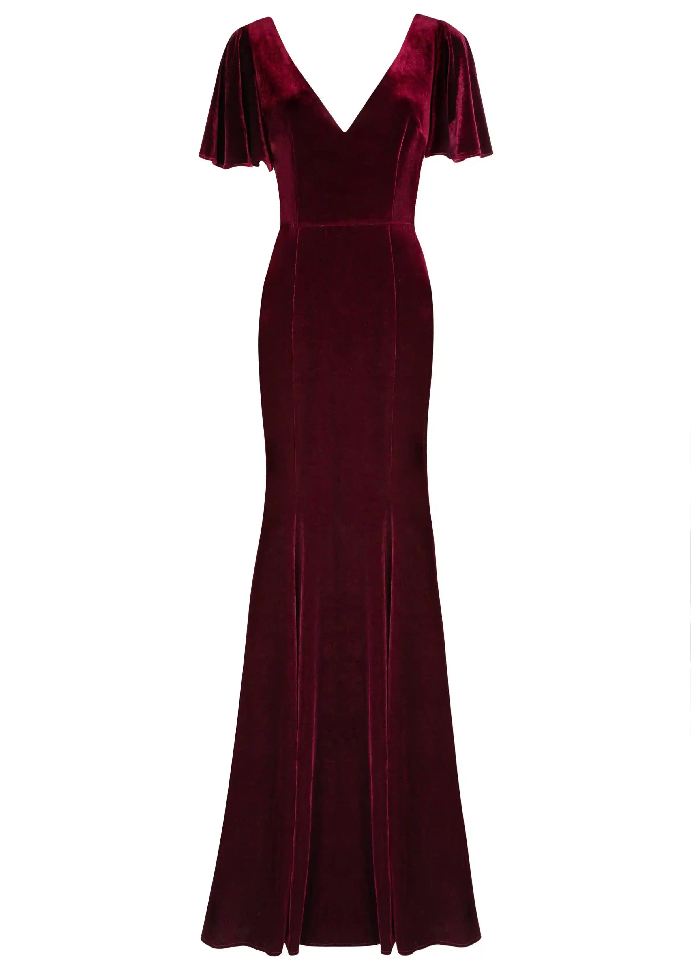 Bergundy gown with flutter sleeves on a white background by TH&TH bridesmaids.