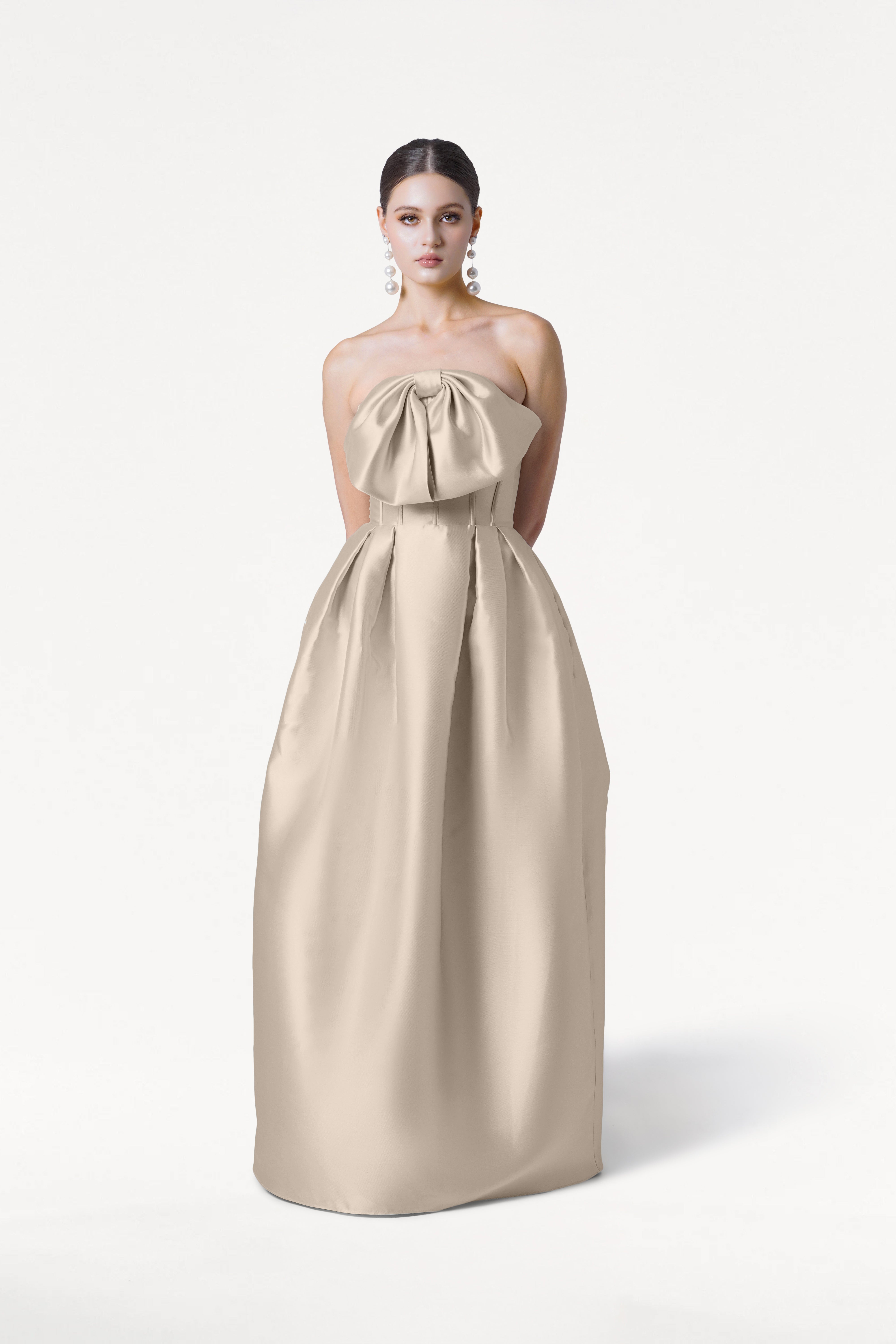 Ophelia Bridesmaid Dress in Champagne Sky Satin Twill