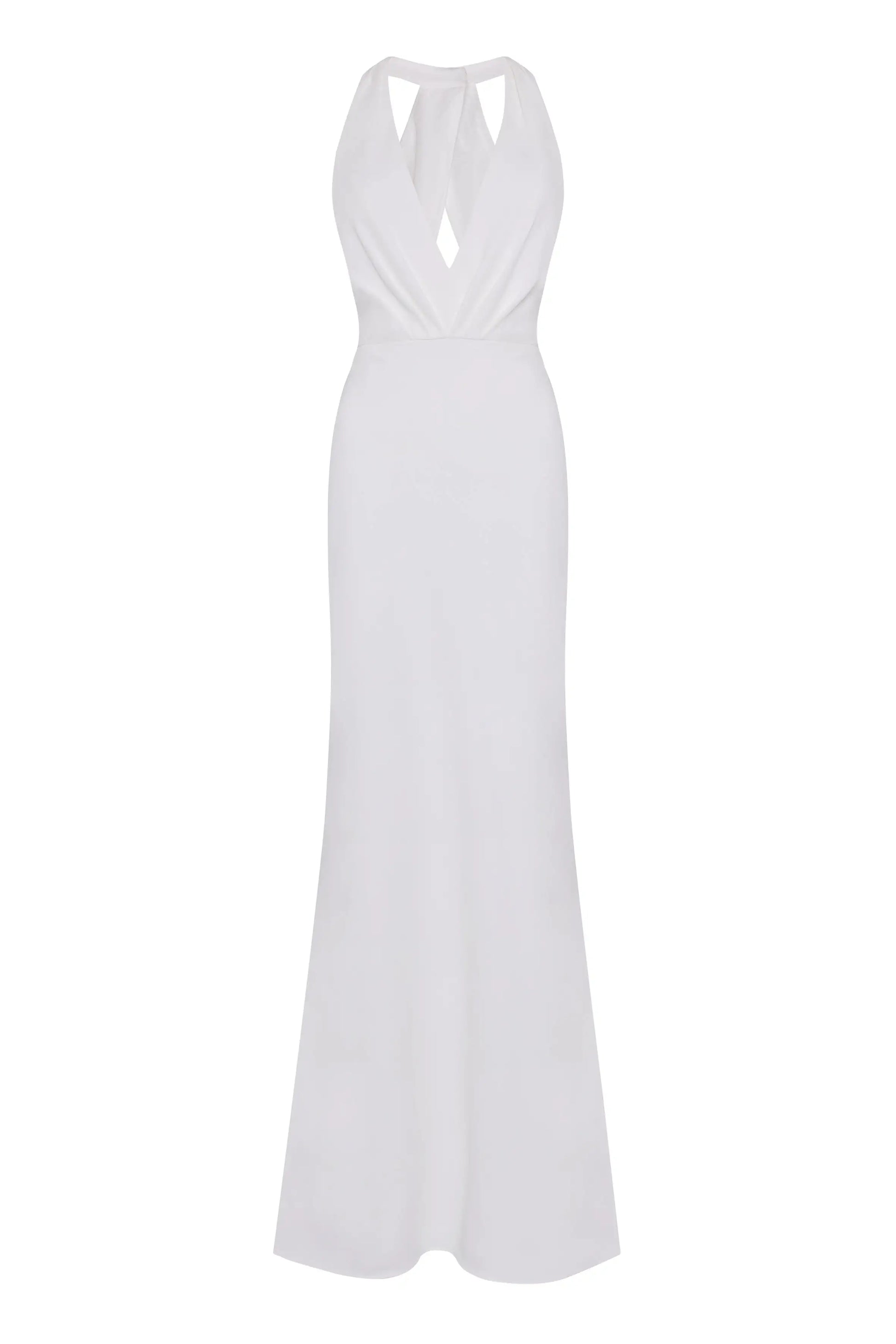 The Colette Bridal Dress in Ivory by TH&TH is a long, sleeveless matt crepe gown with a fitted bodice, halter neckline, deep V front cutout, and floor-length slightly flared skirt.