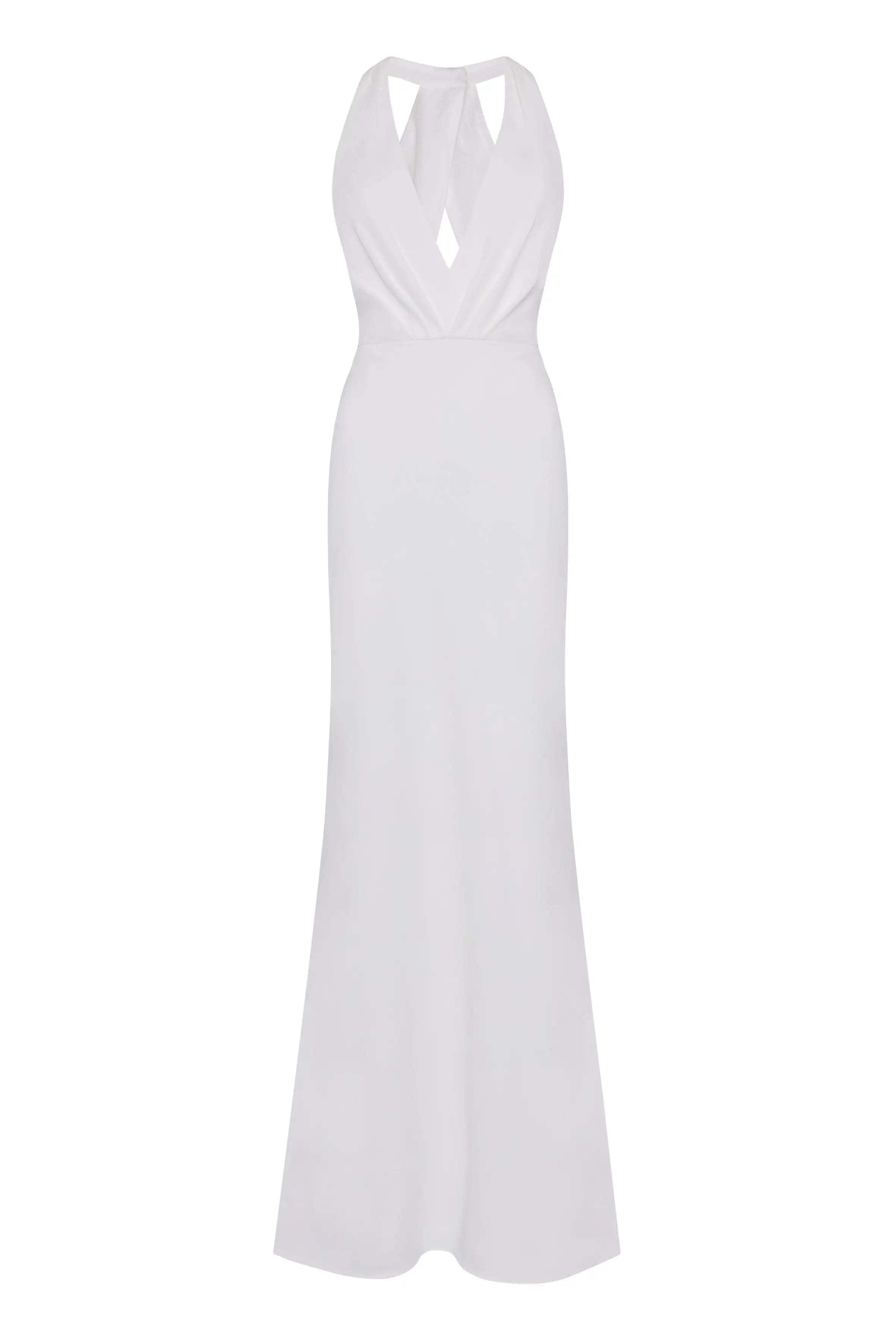 The Colette Bridal Dress in Ivory by TH&TH is a long, sleeveless matt crepe gown with a fitted bodice, halter neckline, deep V front cutout, and floor-length slightly flared skirt.