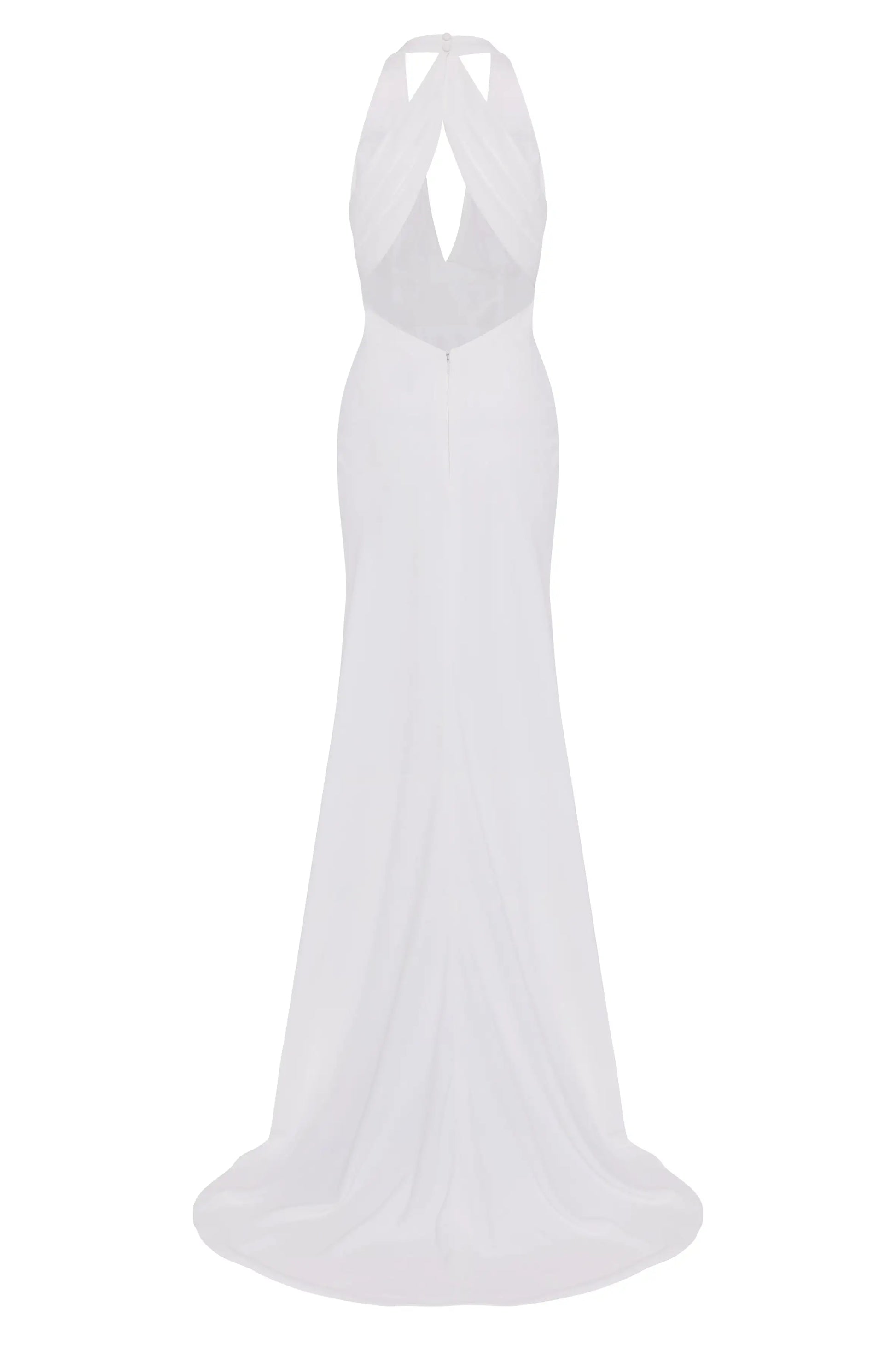 The Colette Bridal Dress in Ivory by TH&TH is a floor-length, sleeveless matt crepe gown with a mermaid silhouette, deep V-neckline, and draped crisscross open-back straps, shown on a plain white background.