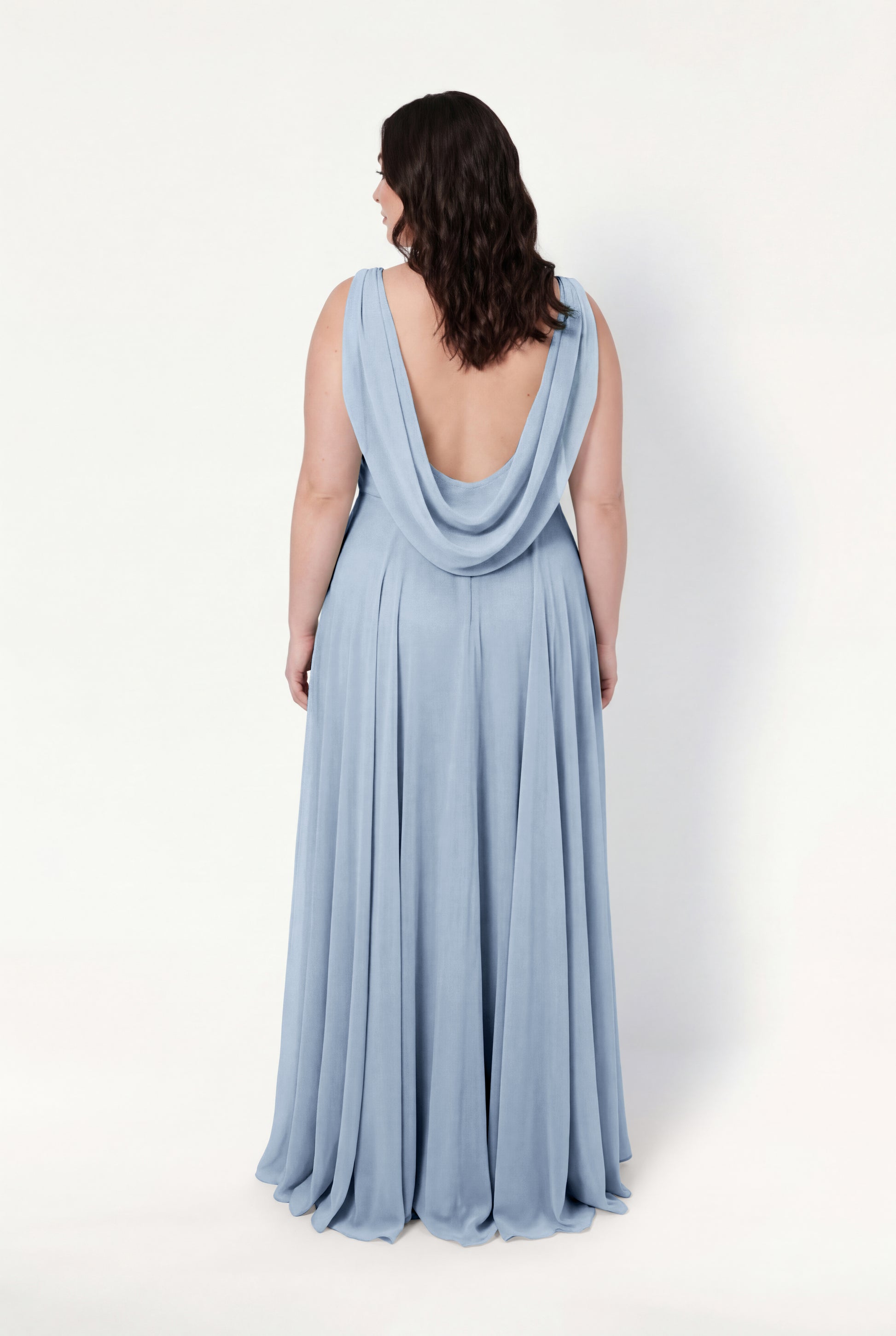 TH&TH Athena Cowl Back Bridesmaid Dress In Dusty Blue Chiffon TH and TH TH&TH Athena Cowl Back Bridesmaid Dress In Dusty Blue Chiffon TH and TH
