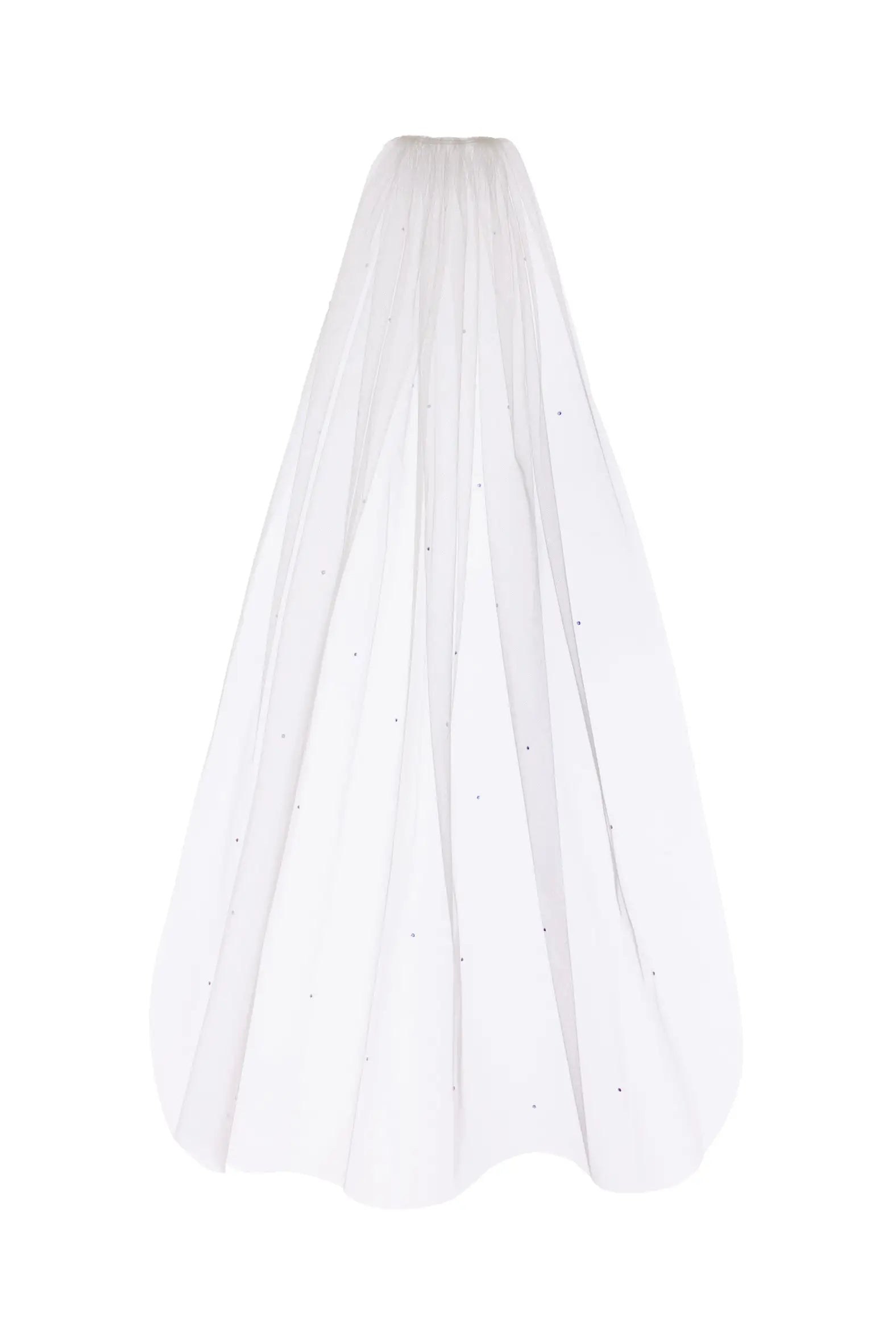 The TH&TH Ellis Crystal Scatter Veil is a long, white, sheer tulle wedding veil with delicate crystal embellishments, shown against a white background.