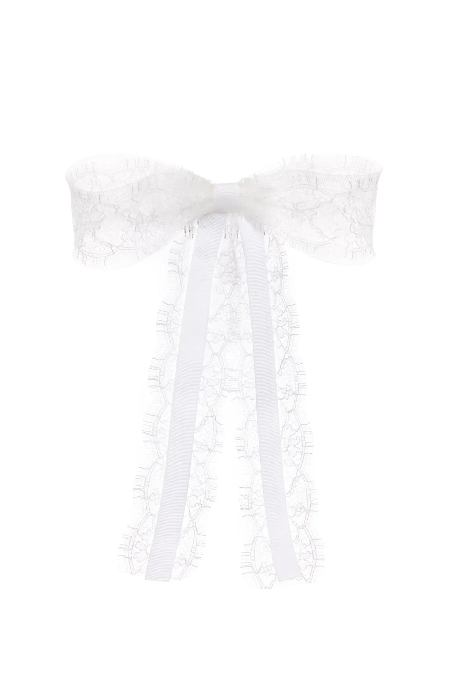 The Emmeline Lace Hair Bow by TH&TH features white Chantilly lace and two long trailing ribbons, displayed on a plain white background.