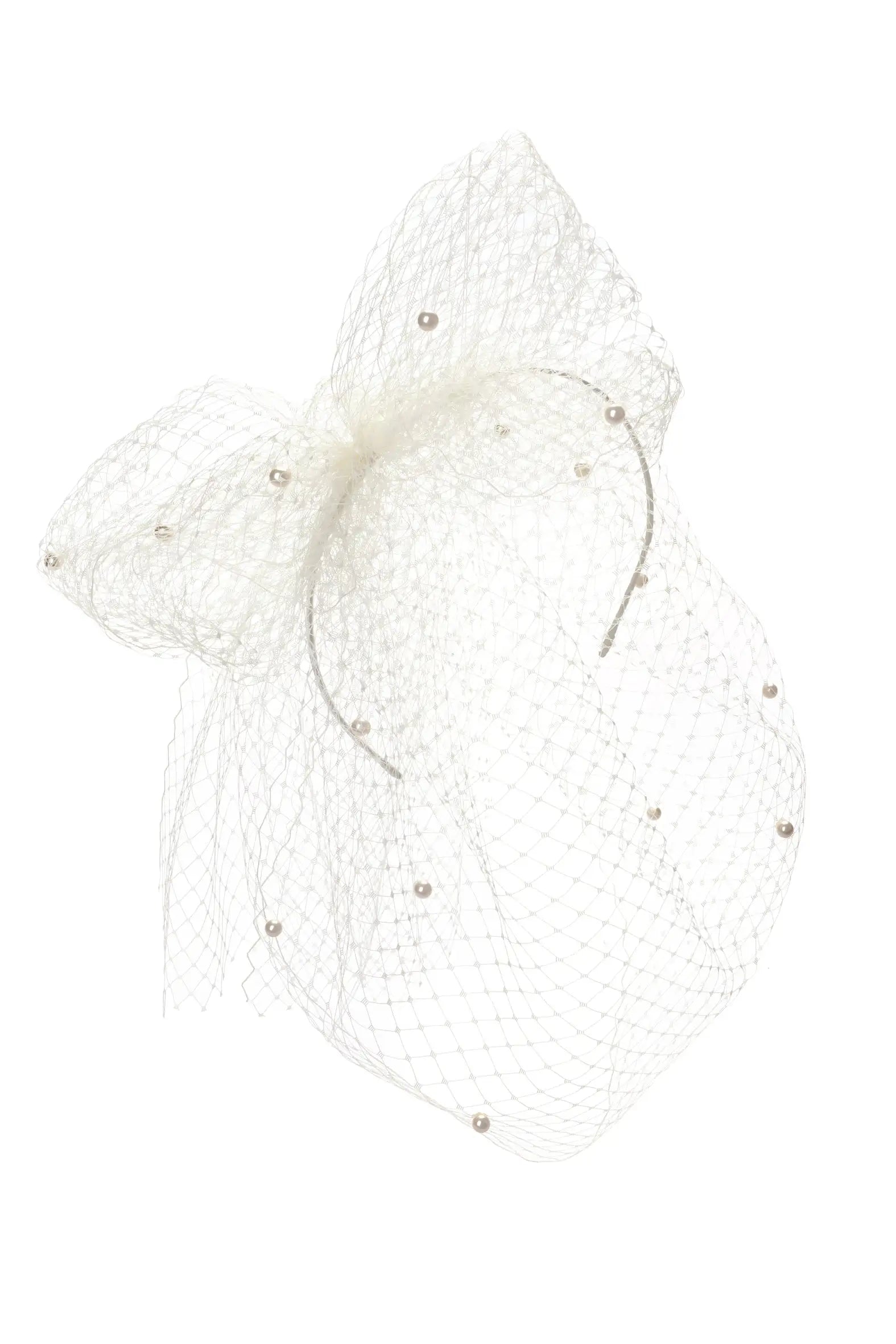 The Fitzroy Headband by TH&TH features a white design with a mesh bow, elegant birdcage veil, and scattered pearl embellishments throughout the netting.