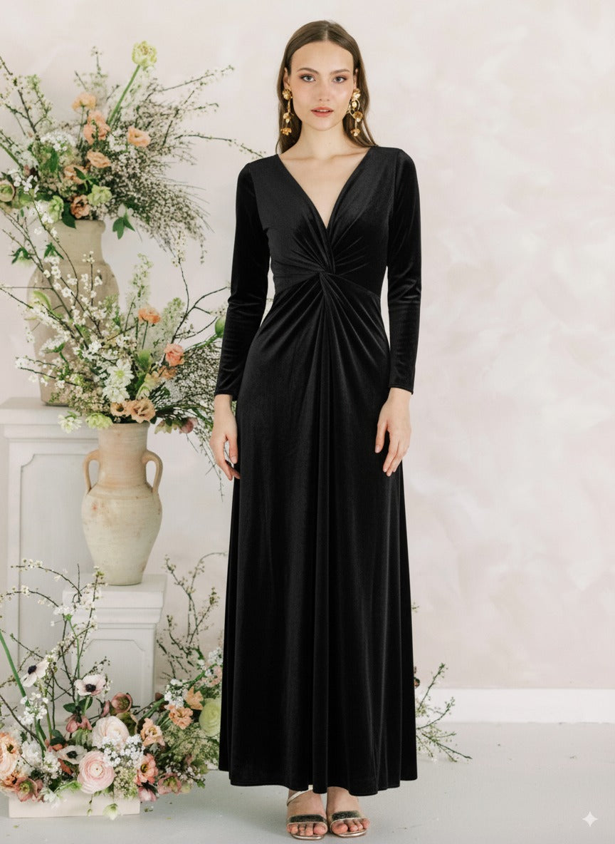 Camilla Velvet Long Sleeve Bridesmaid Dress in Black