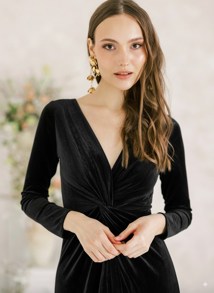 Camilla Velvet Long Sleeve Bridesmaid Dress in Black