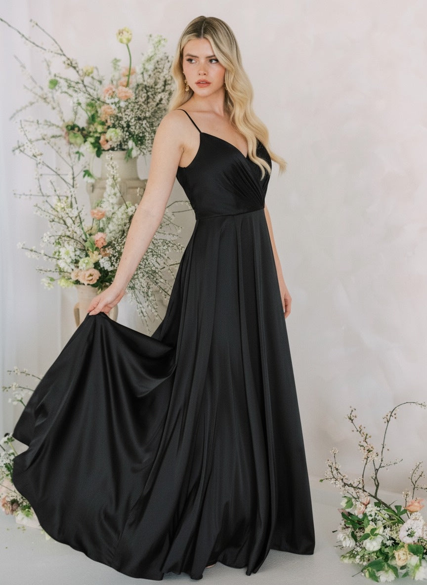 Isla Bridesmaid Dress in Black Satin
