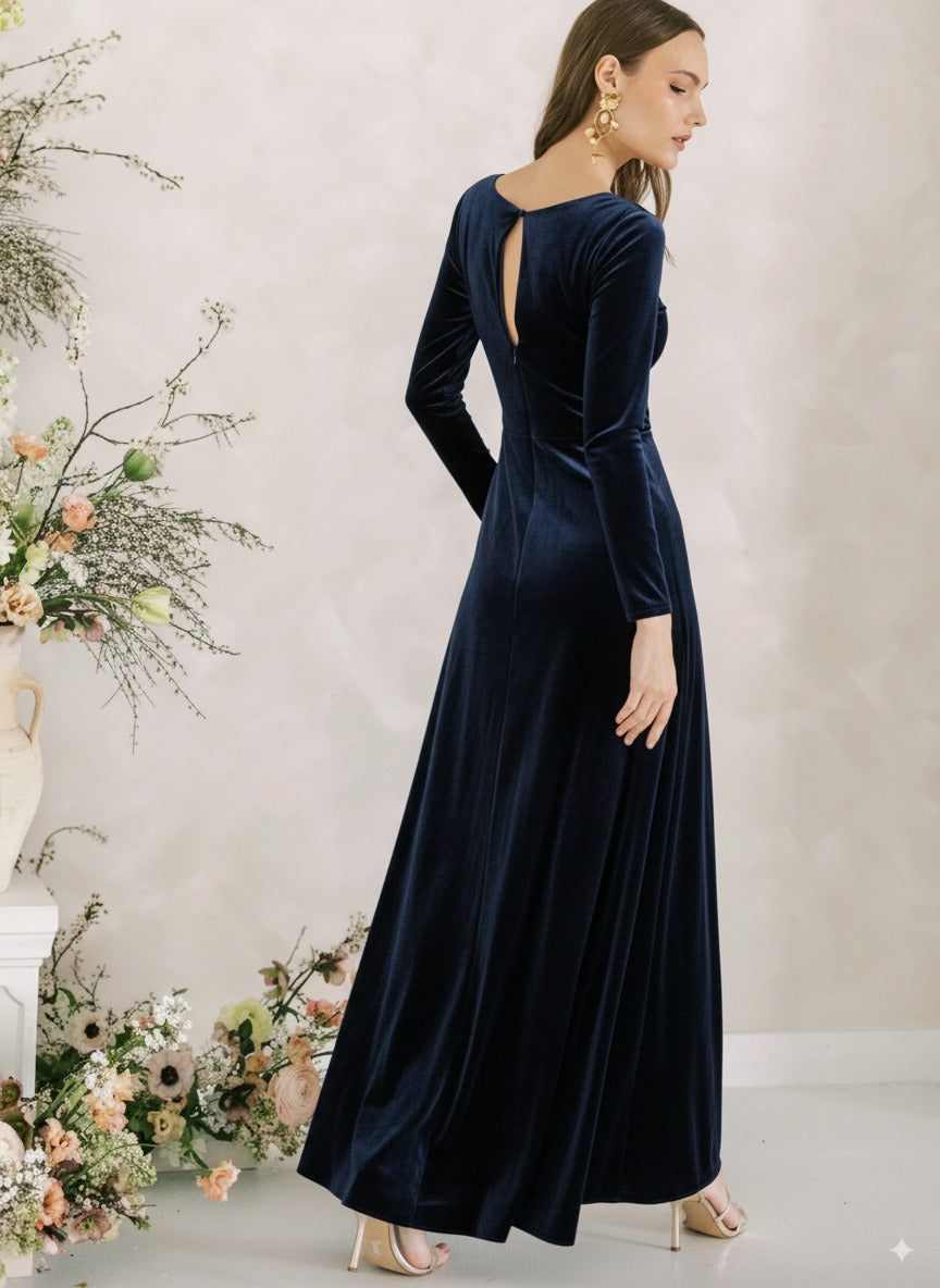 Camilla Velvet Long Sleeve Bridesmaid Dress in Navy