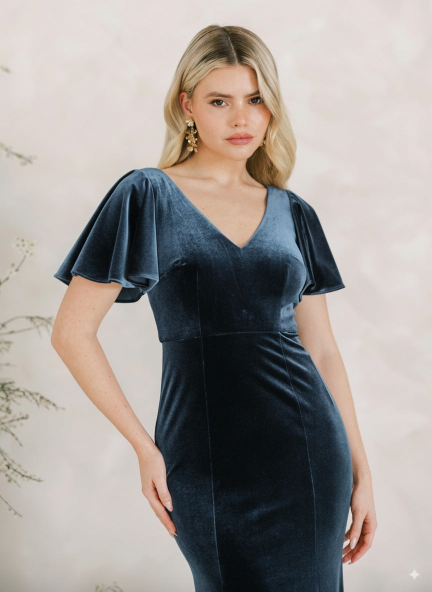 Celeste Velvet Bridesmaid Dress in Smoke Blue