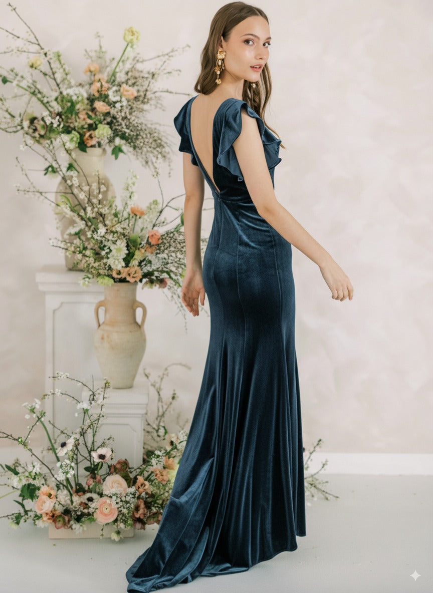 Cecelia Velvet Bridesmaid Dress in Smoke Blue