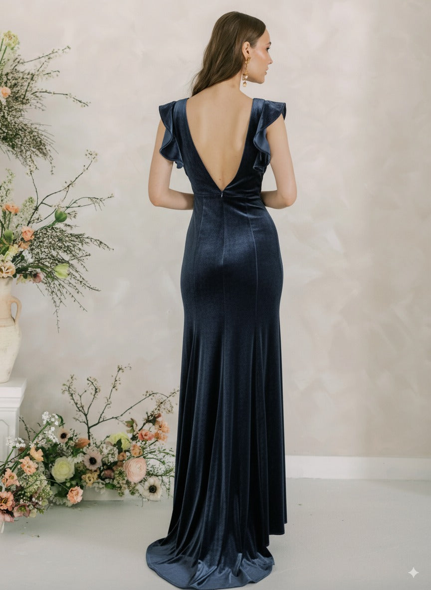 Cecelia Velvet Bridesmaid Dress in Smoke Blue
