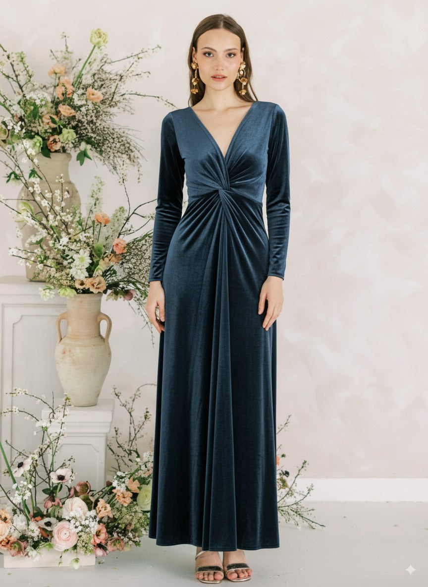 Camilla Velvet Longsleeve Bridesmaid Dress in Smoke Blue