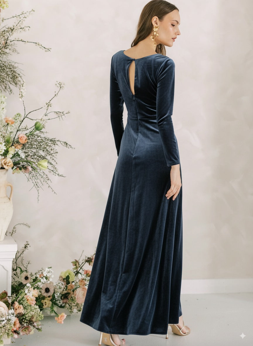 Camilla Velvet Longsleeve Bridesmaid Dress in Smoke Blue