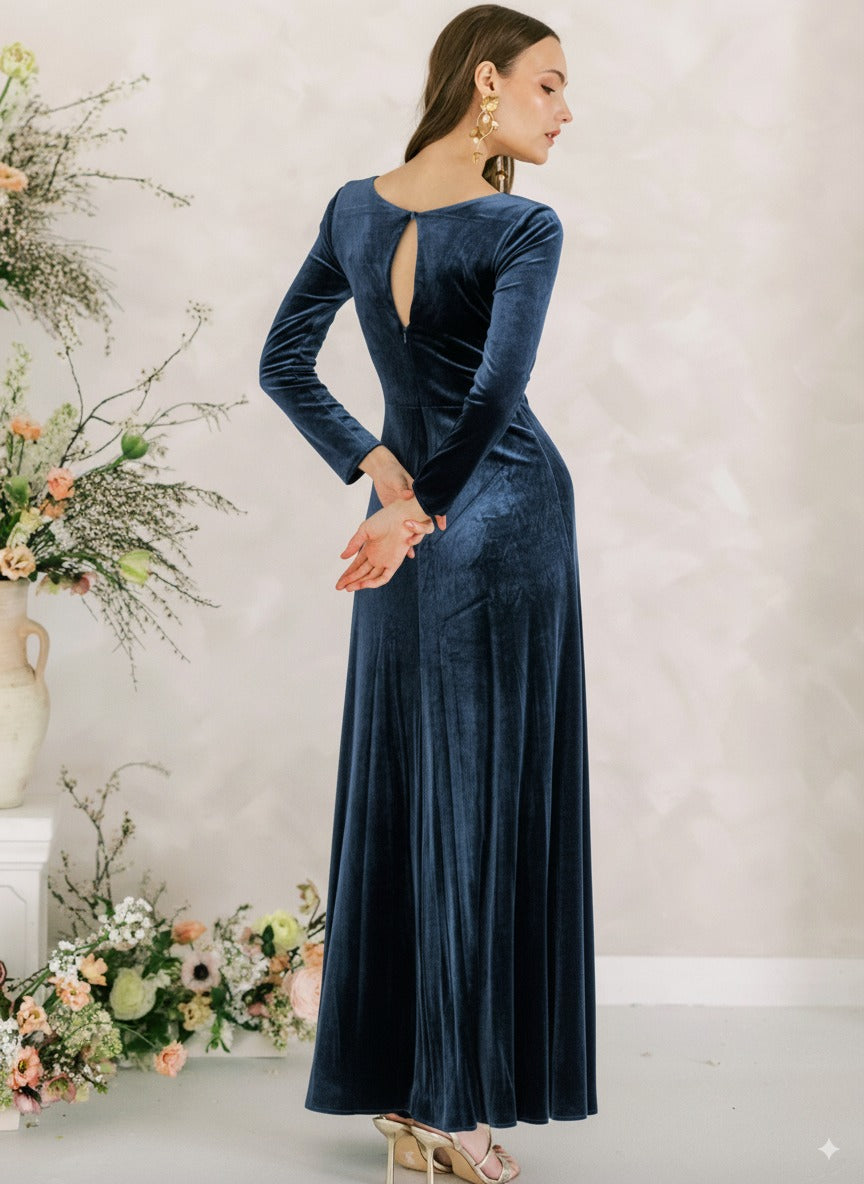 Camilla Velvet Longsleeve Bridesmaid Dress in Smoke Blue