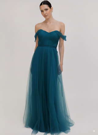 Bardot Bridesmaid Dress in Emerald Dawn Tulle