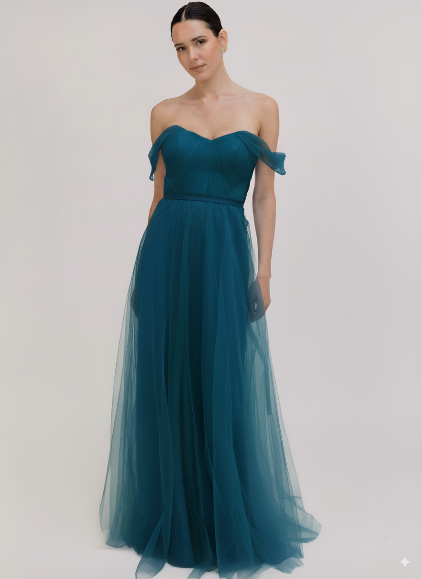 Bardot Bridesmaid Dress in Emerald Dawn Tulle