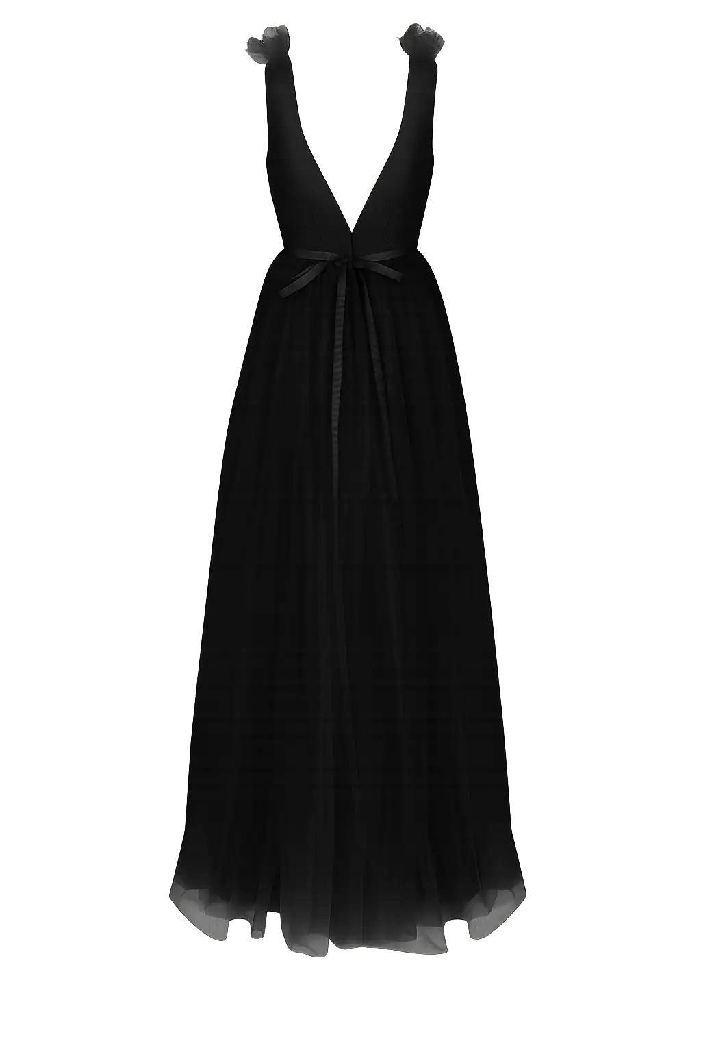 Woman wearing a long black bridesmaid dress with V neck in tulle.
