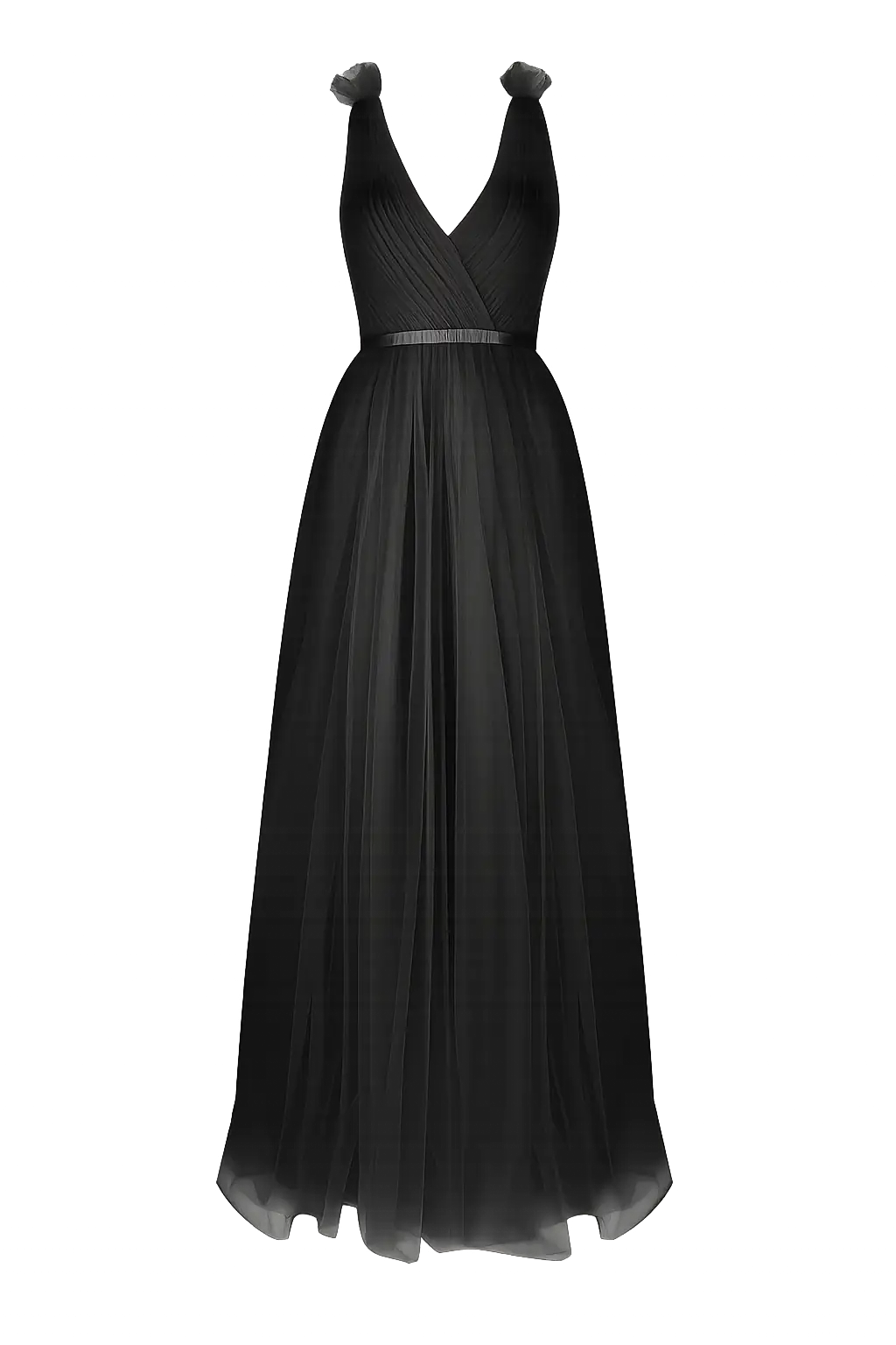 Woman wearing a long black bridesmaid dress with V neck in tulle.