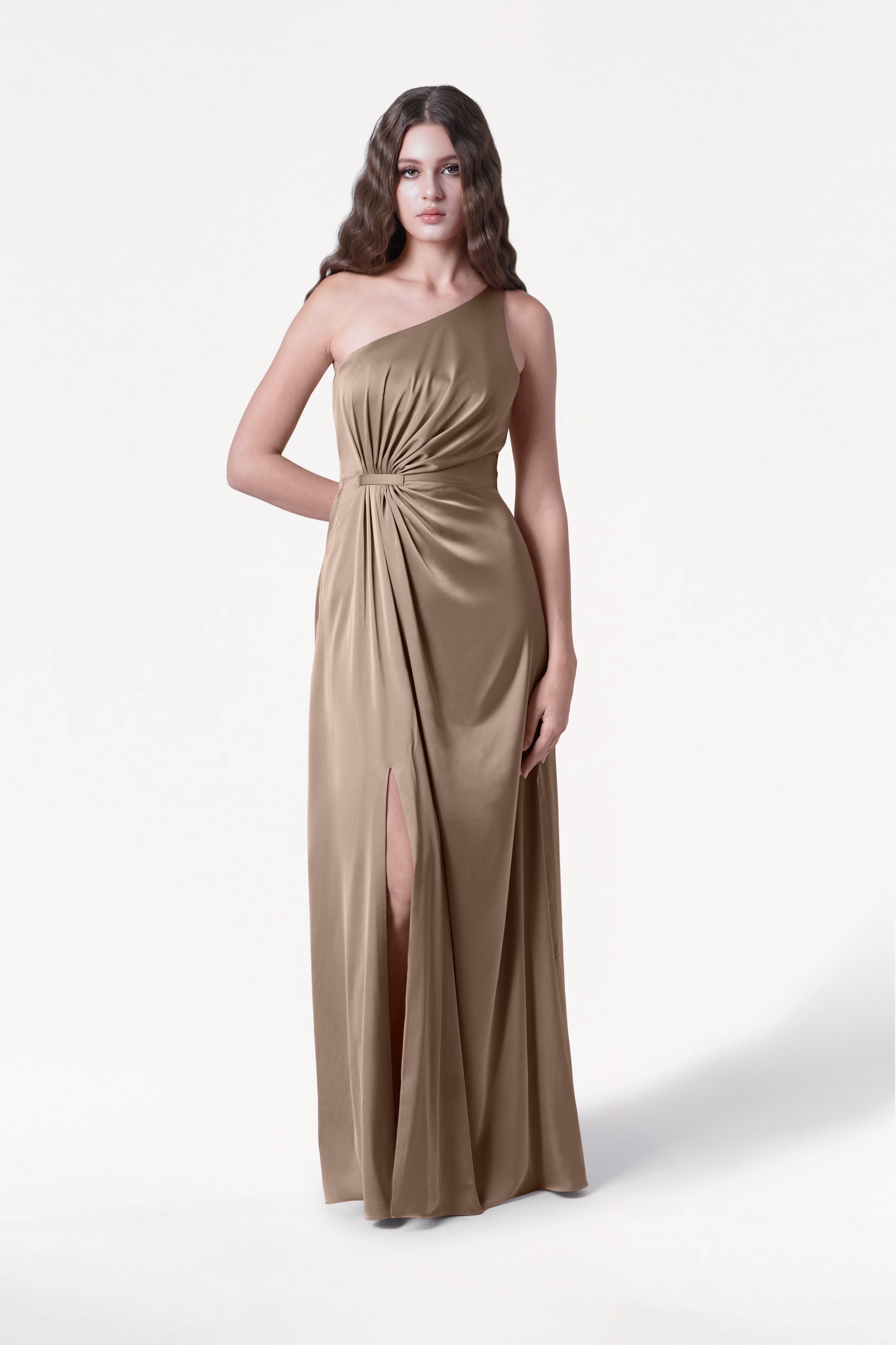 Greta Bridesmaid Dress in Champagne Sky Satin