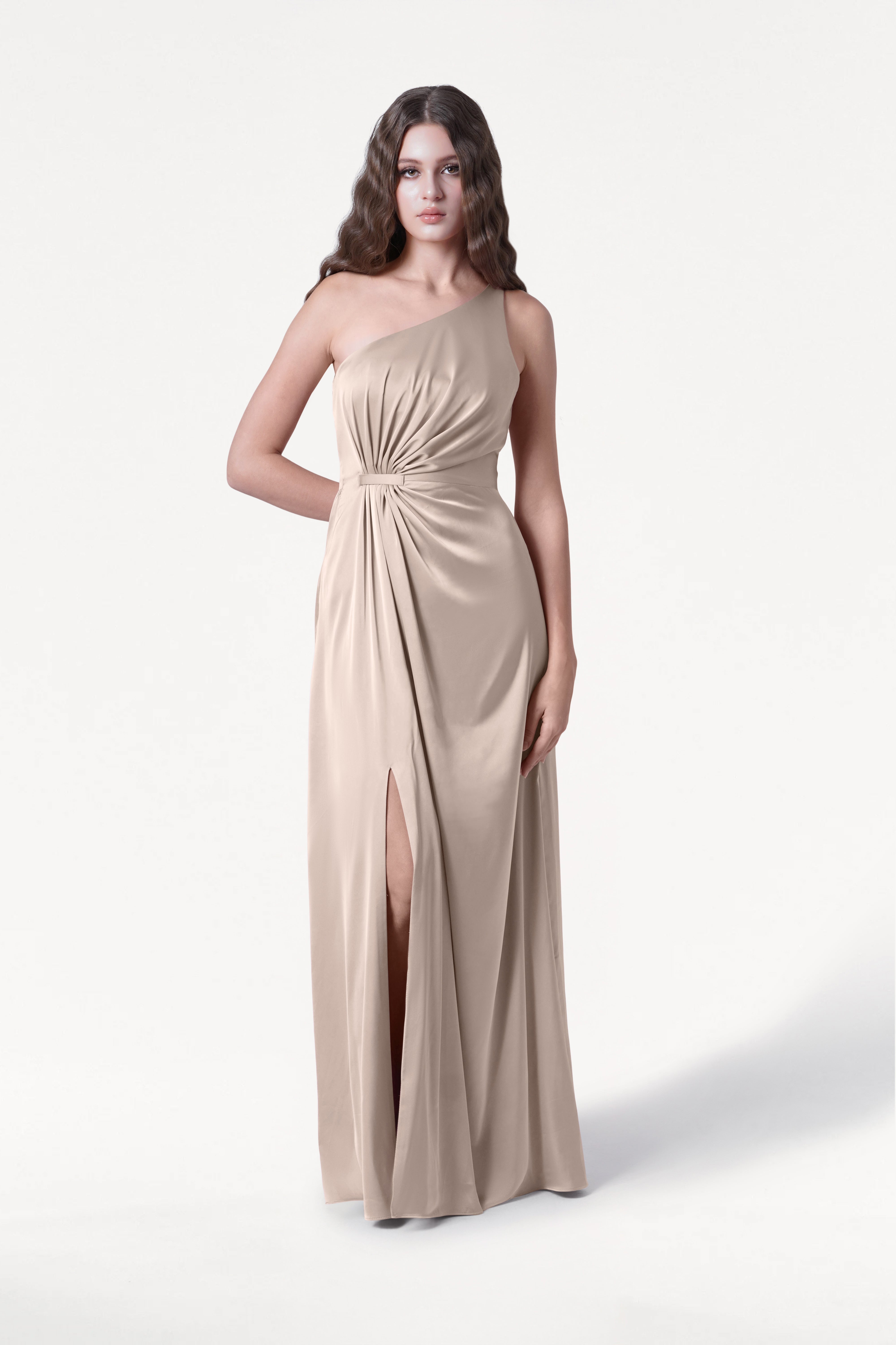 Greta Bridesmaid Dress in Champagne Sky Satin