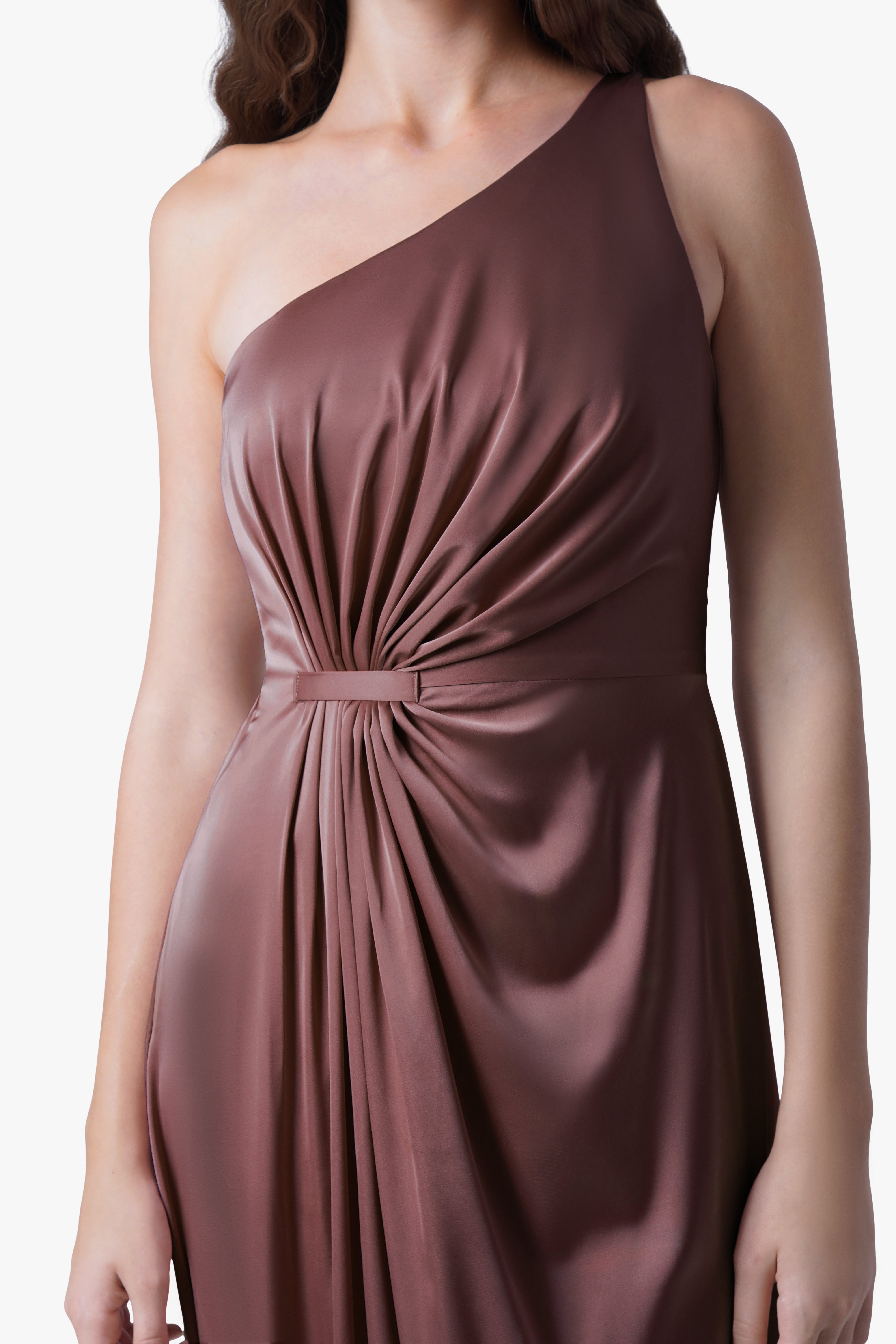 Greta Bridesmaid Dress in Chocolate Brown Satin — A-line gown