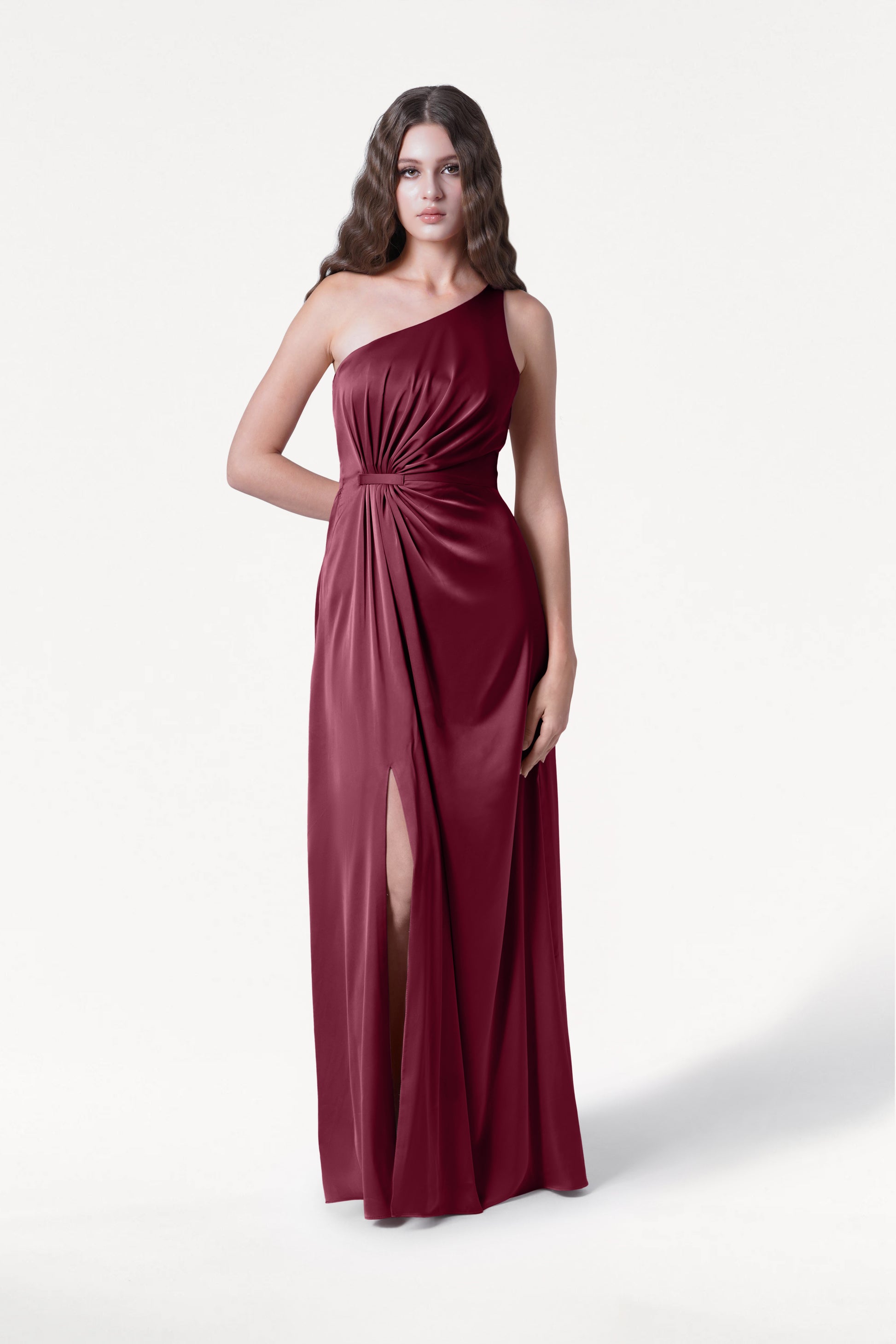 TH&TH Greta One Shoulder Bridesmaid Dress In Merlot Burgundy Satin TH and TH TH&TH Greta One Shoulder Bridesmaid Dress In Merlot Burgundy Satin TH and TH
