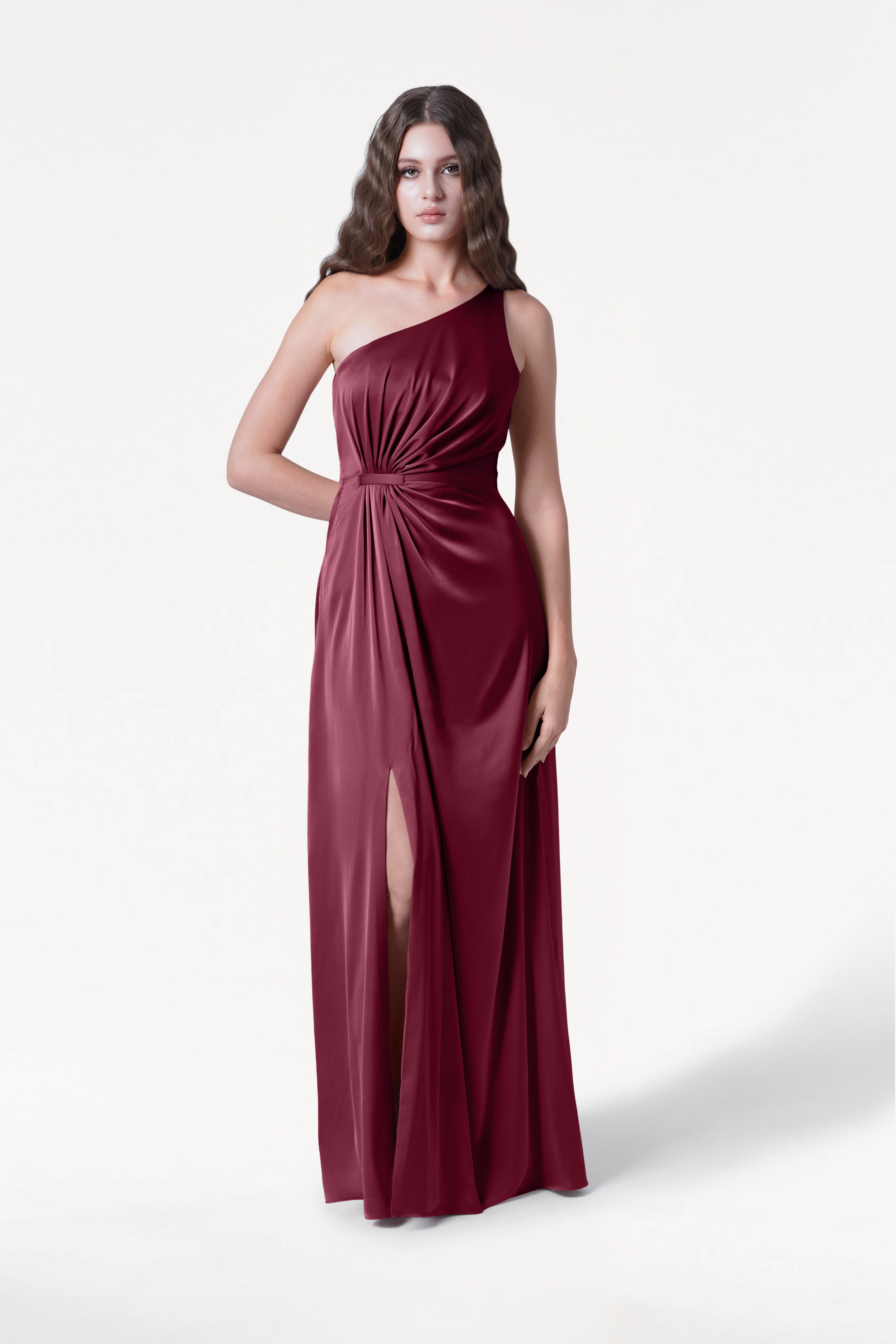 TH&TH Greta One Shoulder Bridesmaid Dress In Merlot Burgundy Satin TH and TH TH&TH Greta One Shoulder Bridesmaid Dress In Merlot Burgundy Satin TH and TH