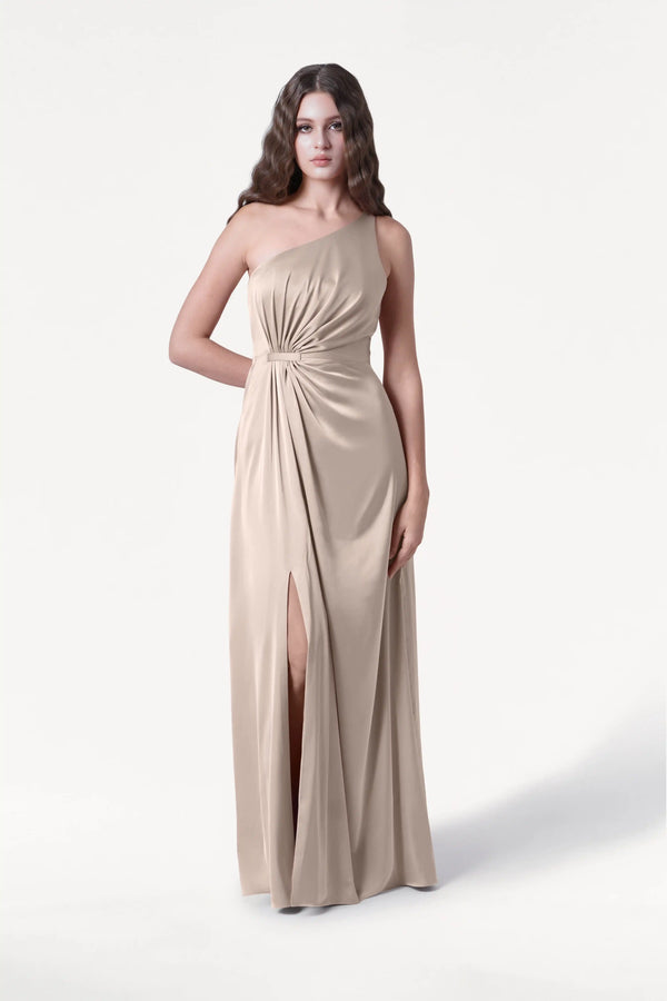 greta maxi dress beige TH&TH One Shoulder Bridesmaid In Champagne Sky Satin Greta halter maxi