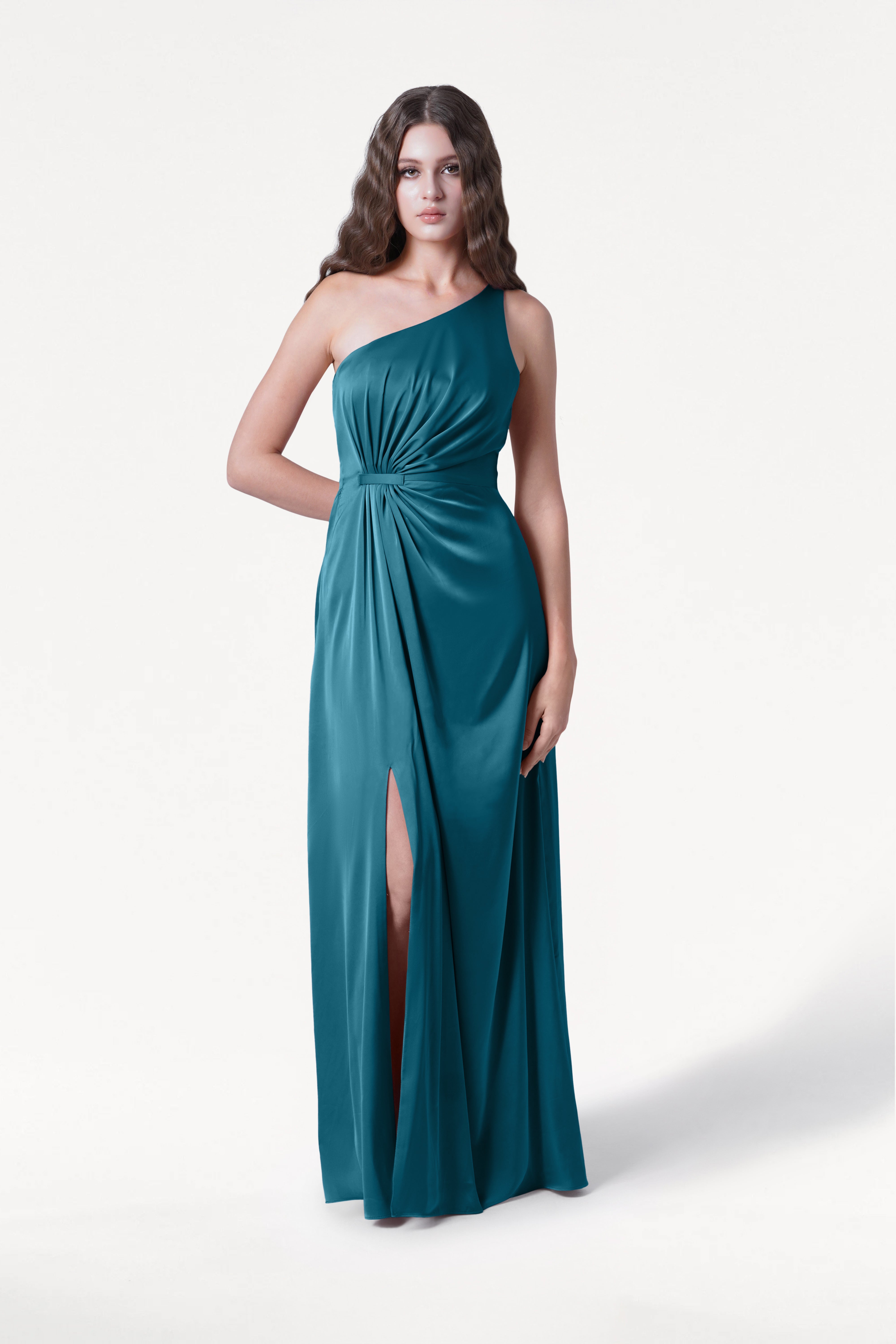 TH&TH Greta One Shoulder Bridesmaid Dress In Emerald Dawn Satin TH and TH TH&TH Greta One Shoulder Bridesmaid Dress In Emerald Dawn Satin TH and TH
