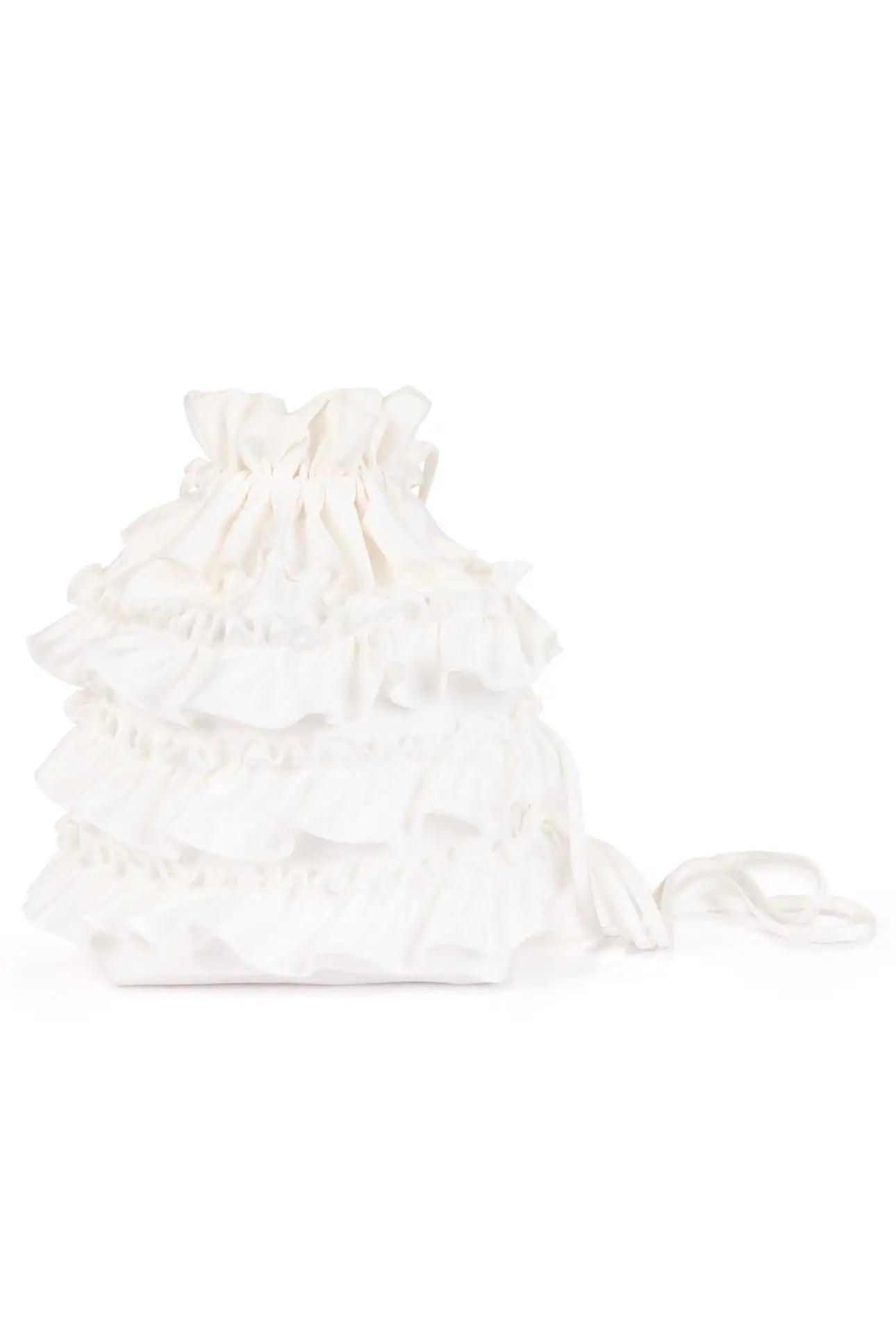 The 'Happily Ever After' Ruffle Bridal Bag in Ivory by TH&TH features layered matte satin ruffles and a drawstring, making it a chic hen party accessory. Shown against a plain white background.