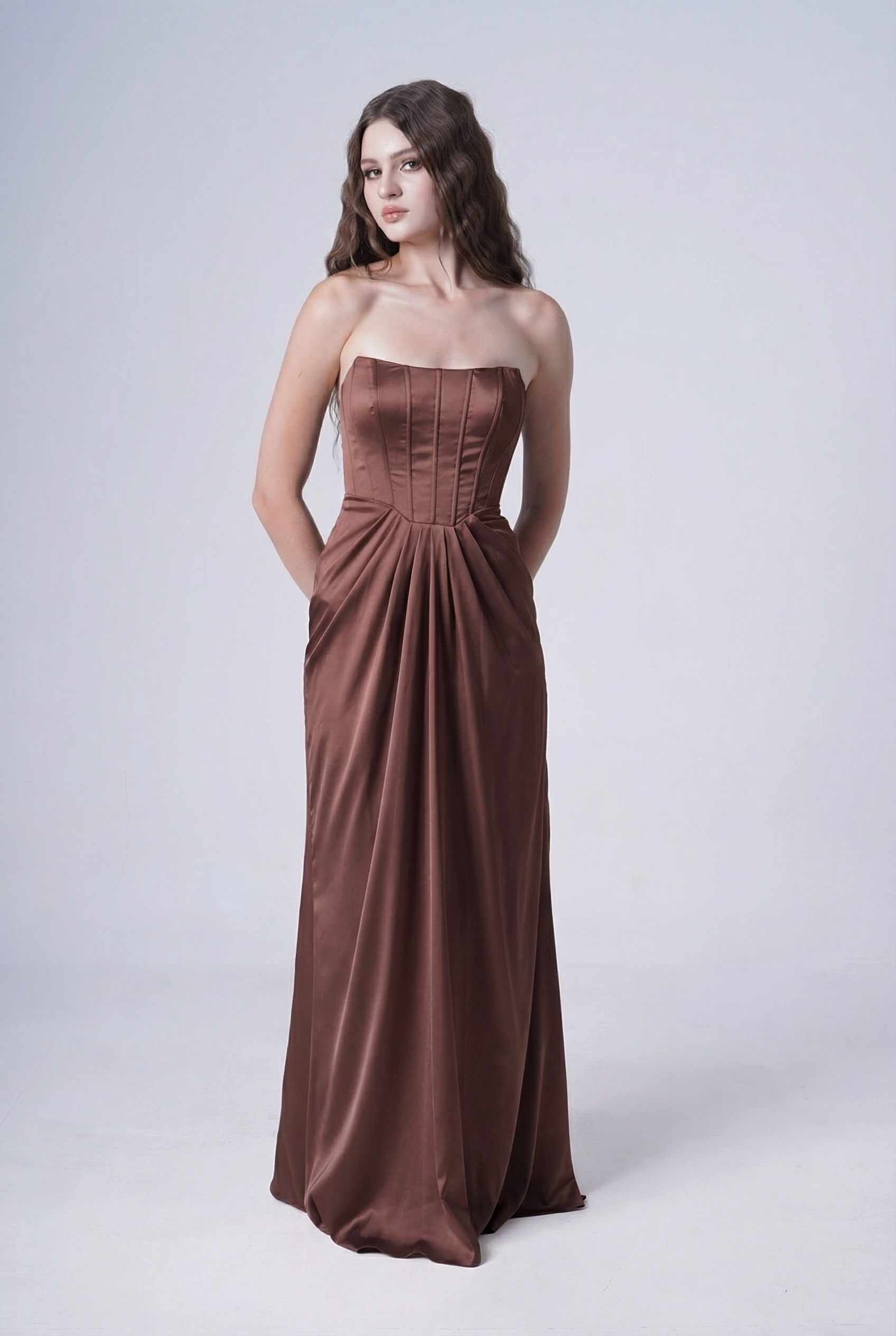 Selena Bridesmaid Dress in Chocolate Brown Satin