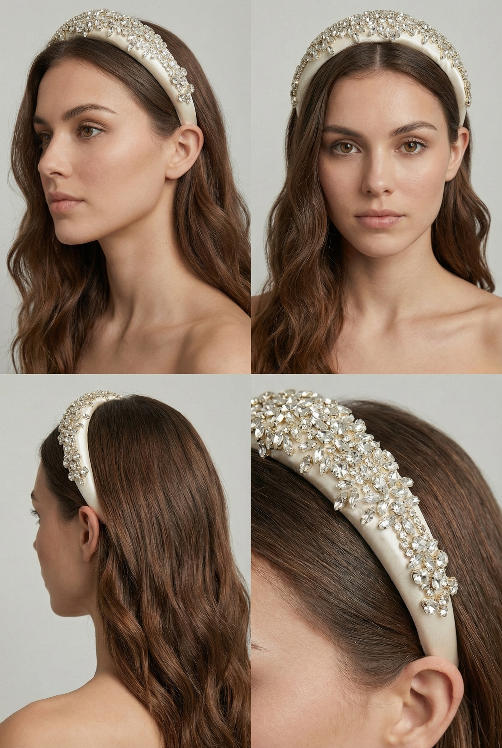 A woman with long brown wavy hair models the TH&TH Octavia Crystal and Satin Headband, a wide ivory bridal piece embellished with pearls and crystals, shown from side, front, and close-up views against a plain background.