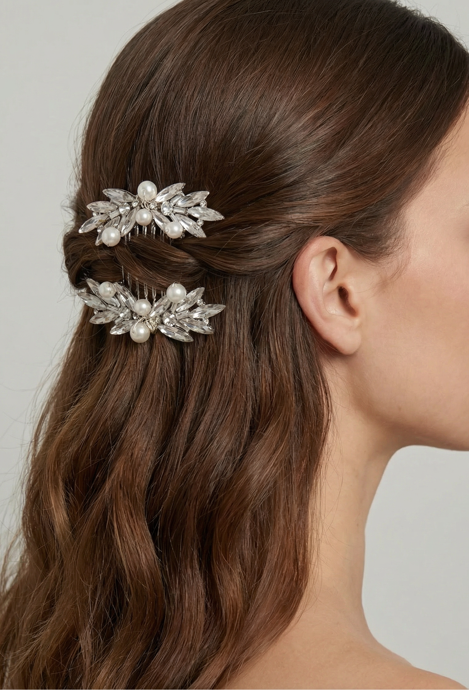 Beaumont cystal and pearl leaf hair comb 2pcs