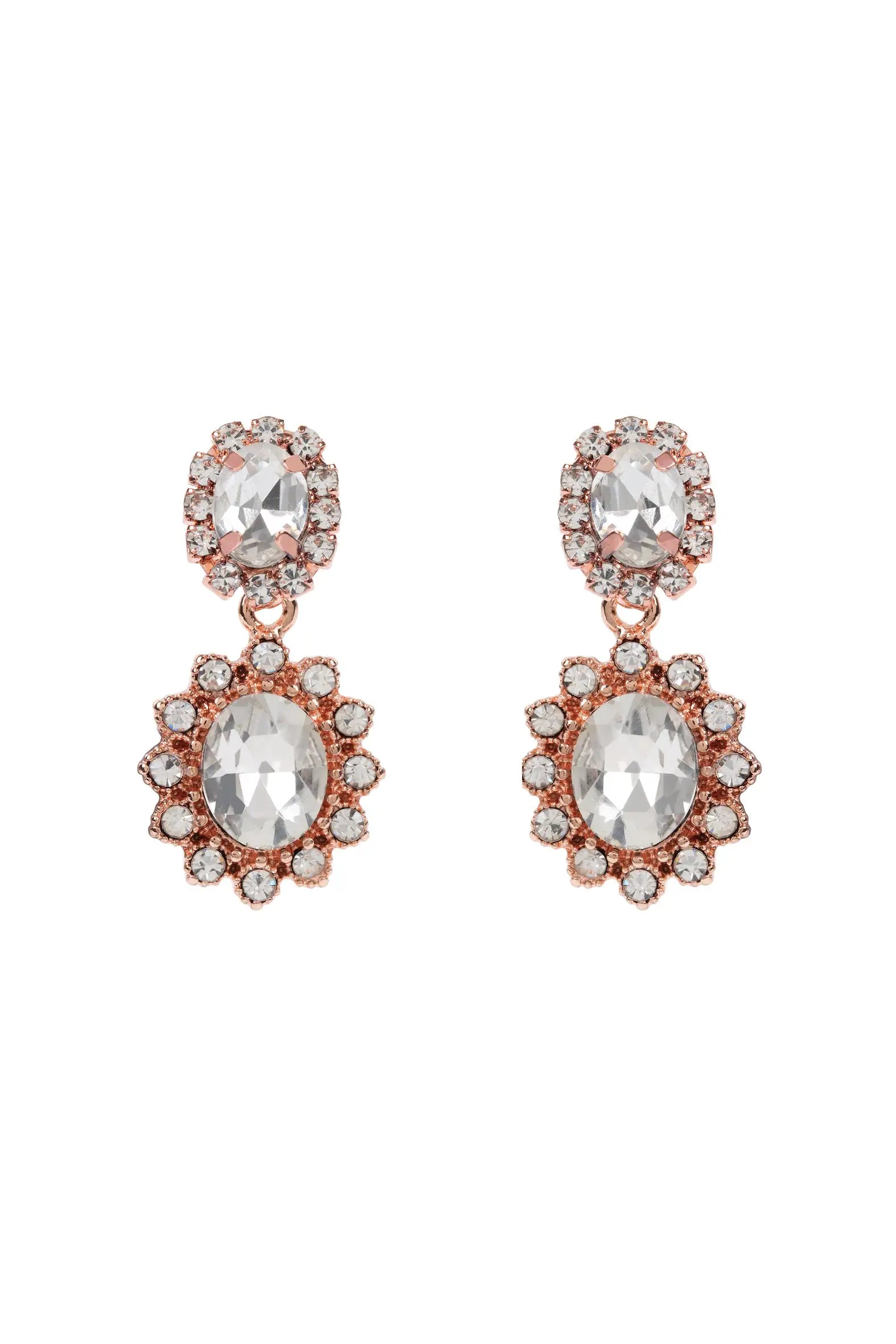 The Imperial Rose Gold Crystal Drop Earrings by TH&TH feature large oval clear gemstones framed by smaller round stones in a floral design—perfect as stylish bridal or wedding jewellery.